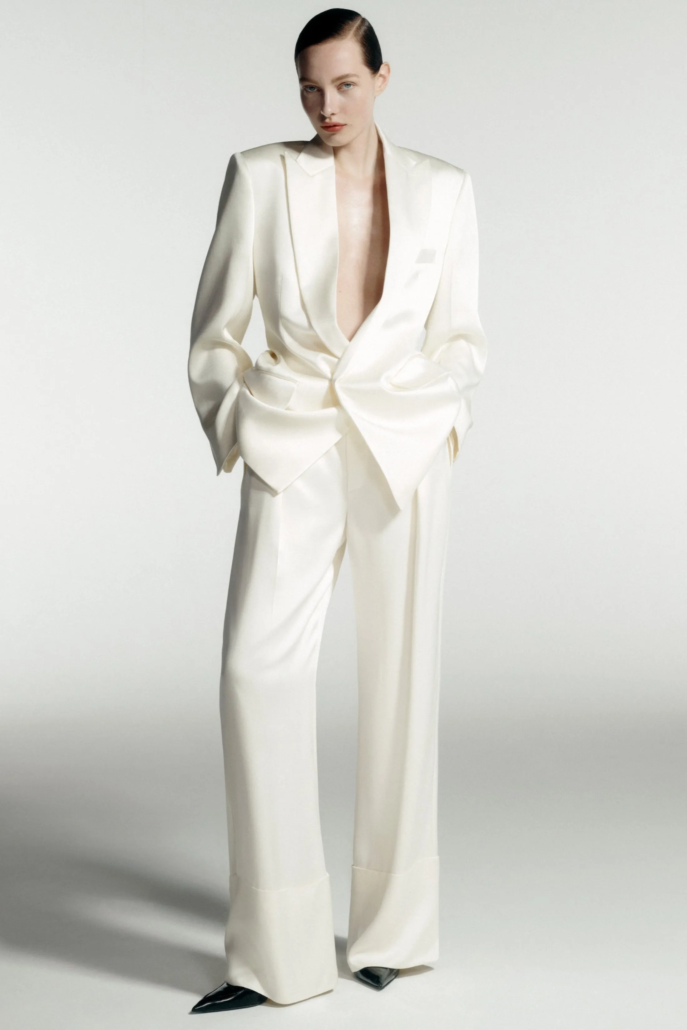 Wide Leg Turn-Up Trouser In Ivory sold by Victoria Beckham
