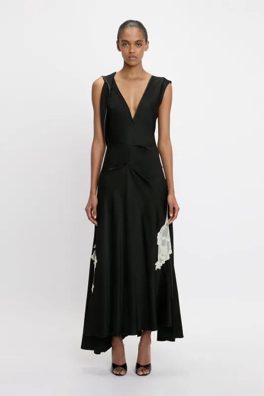 Draped Lace Detail Midi Dress In Black sold by Victoria Beckham