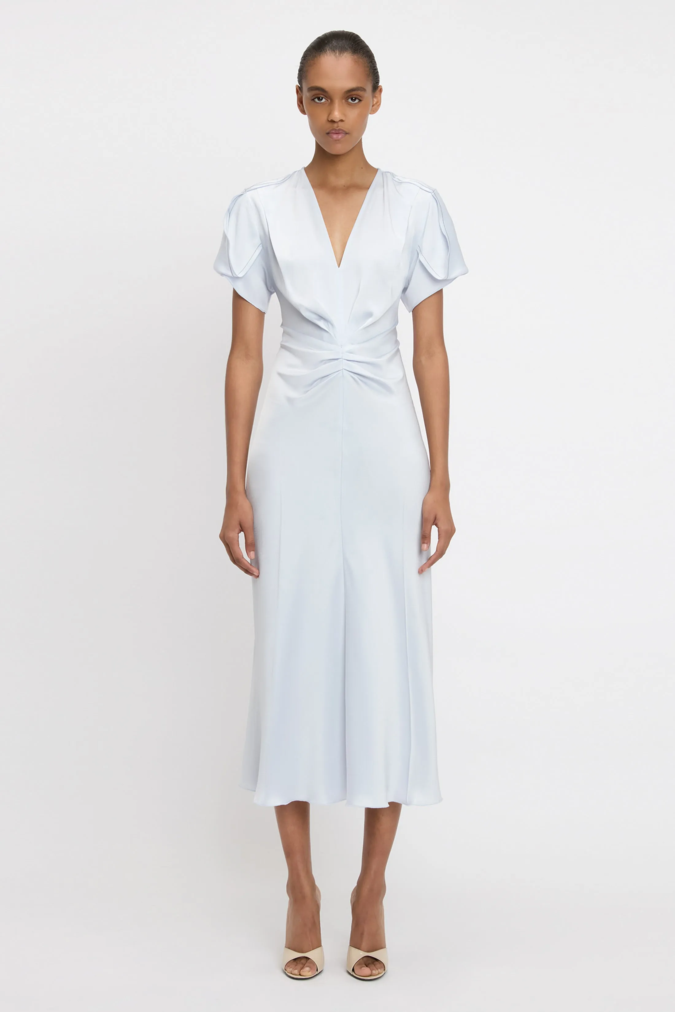 Gathered V-Neck Midi Dress In Ice sold by Victoria Beckham