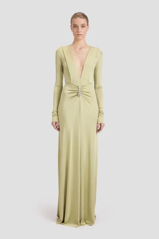 Embellished Long Sleeve Deep V-Neck Gown In Pistachio sold by Victoria Beckham