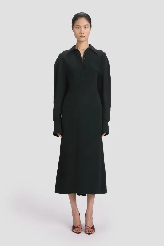 Long Sleeve Polo Collar Midi Dress In Black sold by Victoria Beckham
