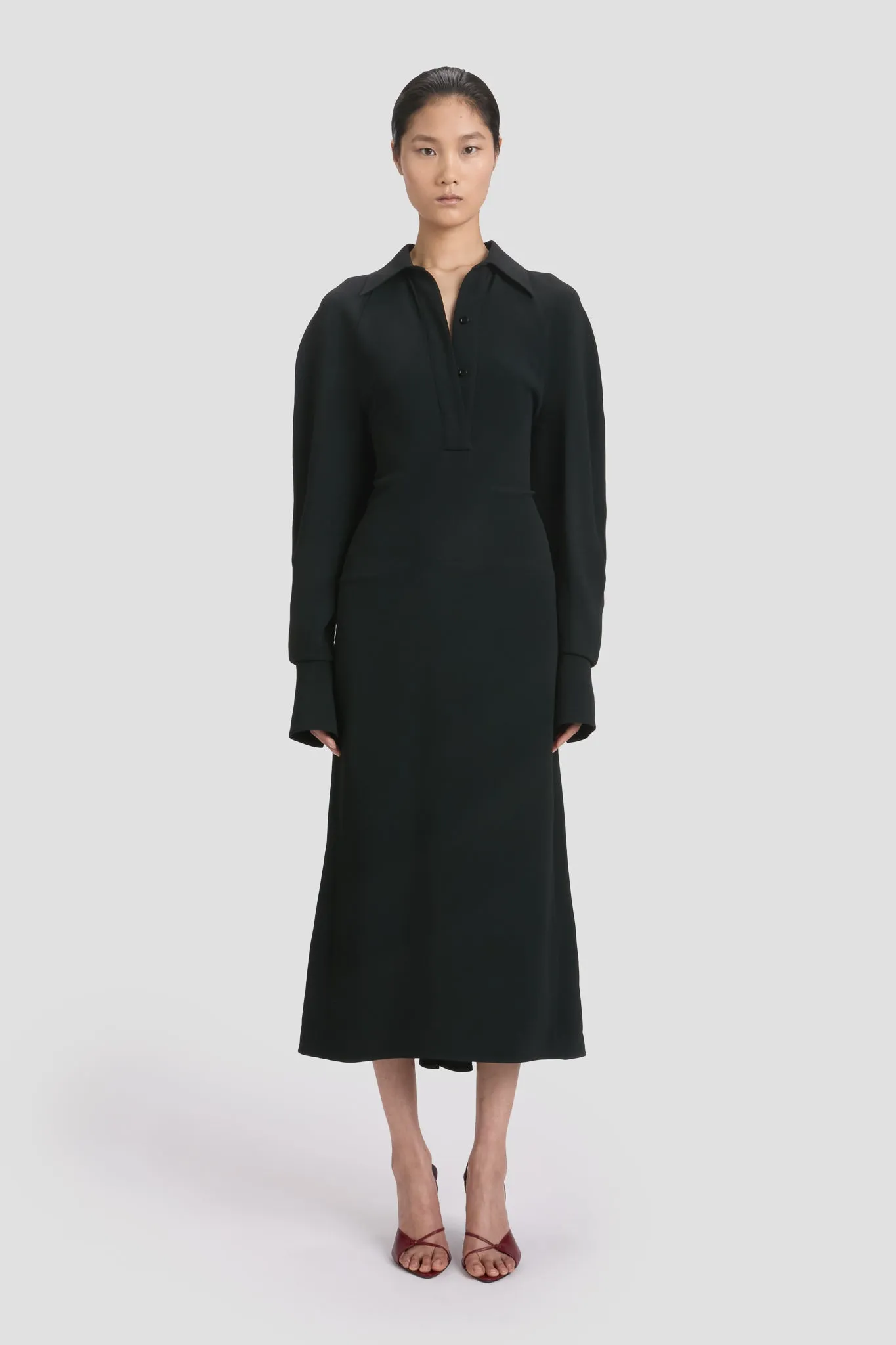 Long Sleeve Polo Collar Midi Dress In Black sold by Victoria Beckham