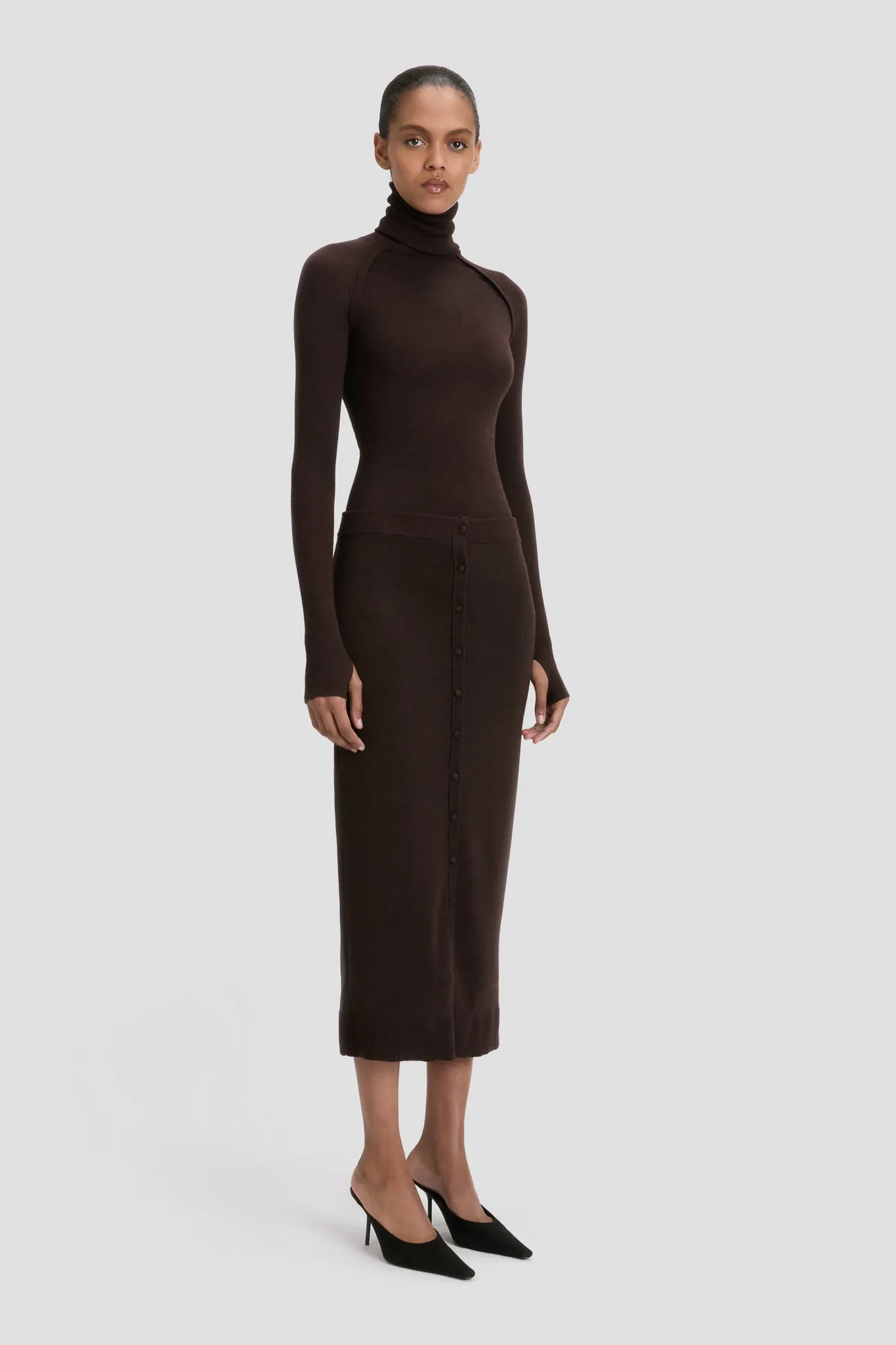 Button Detail Midi Skirt In Dark Chocolate sold by Victoria Beckham product image thumbnail 2