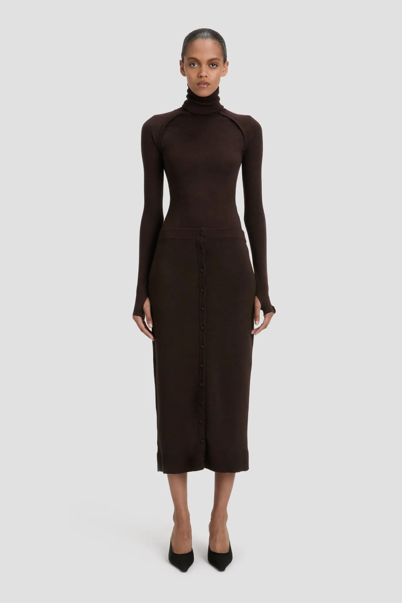 Button Detail Midi Skirt In Dark Chocolate sold by Victoria Beckham