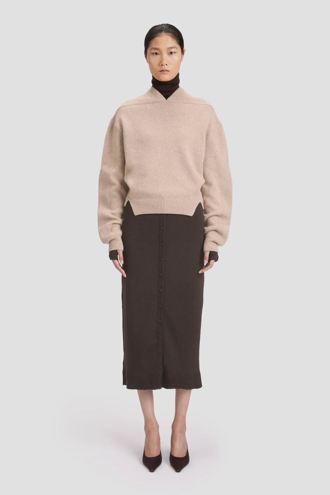 V-Neck Yoke Detail Jumper In Sand sold by Victoria Beckham