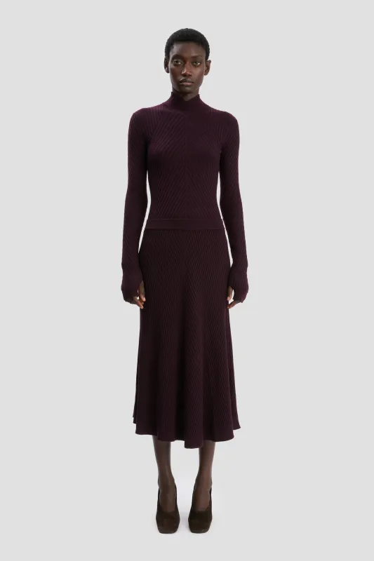 Ribbed Knit Midi Skirt In Merlot sold by Victoria Beckham