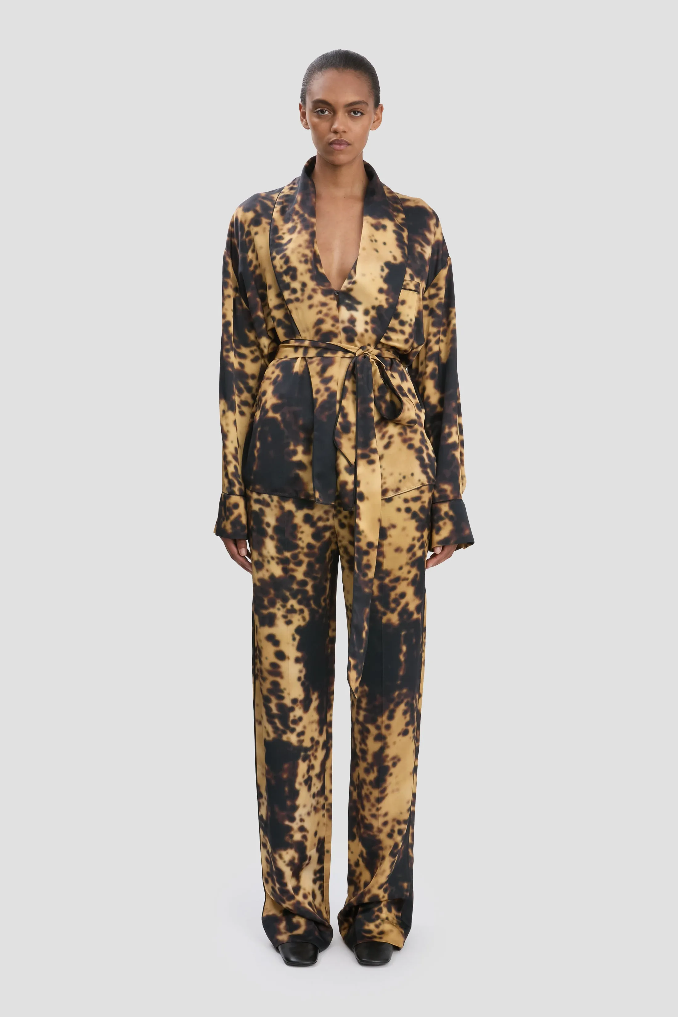 Pyjama Wrap Blouse In Olive Brown Print sold by Victoria Beckham