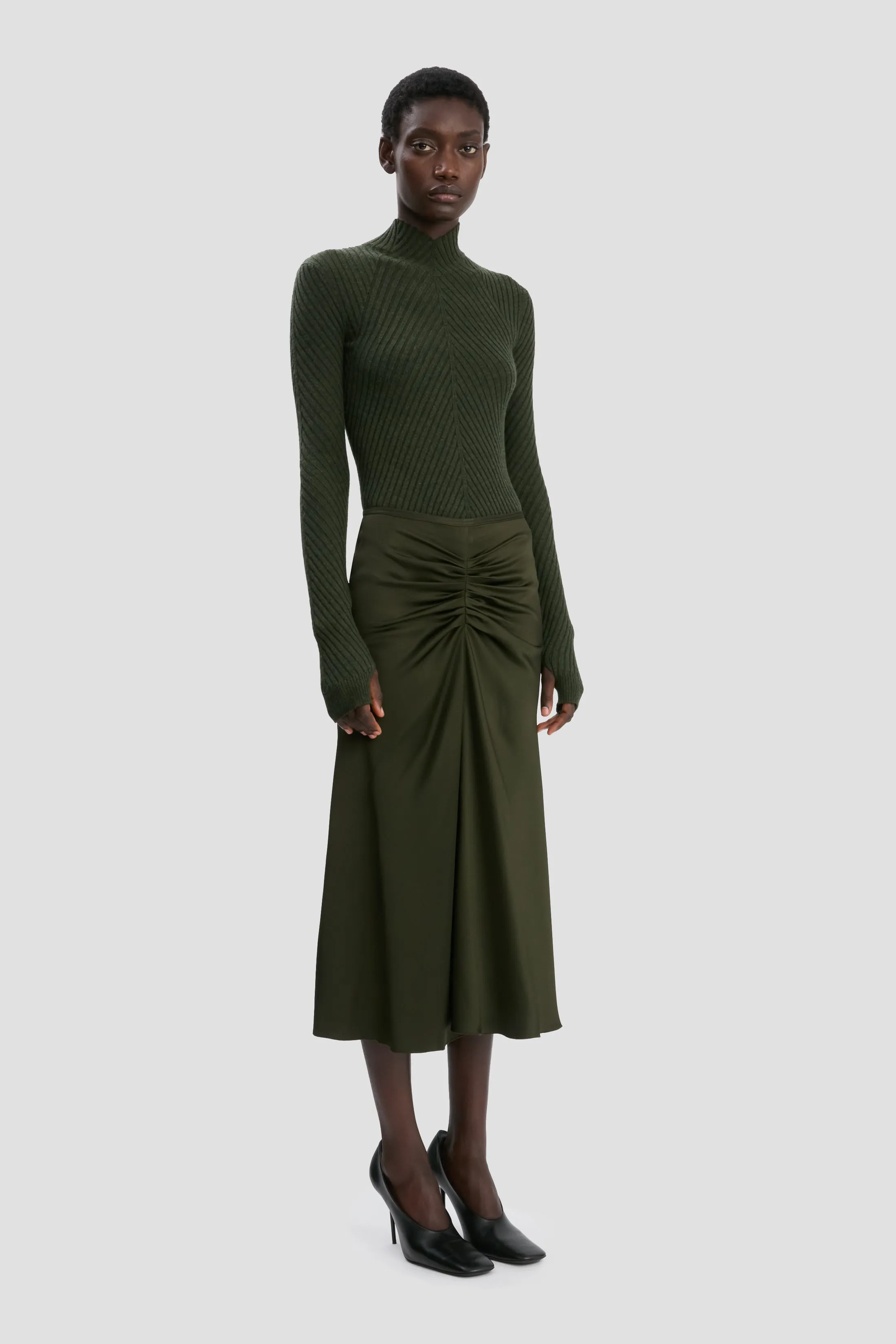 Gathered Waist Midi Skirt In Dark Olive sold by Victoria Beckham product image thumbnail 2