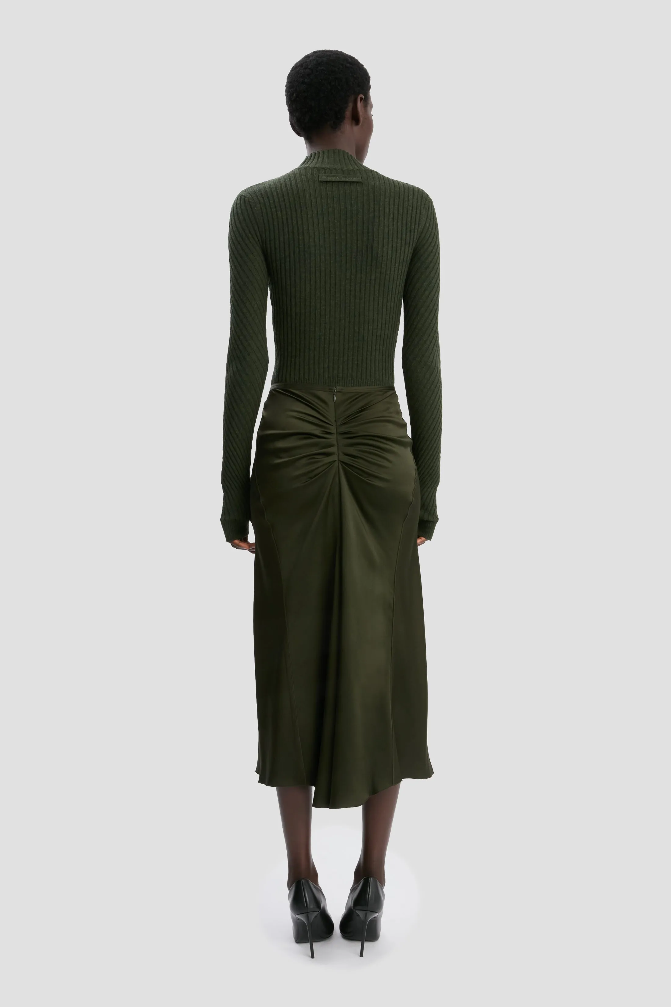 Gathered Waist Midi Skirt In Dark Olive sold by Victoria Beckham product image thumbnail 3
