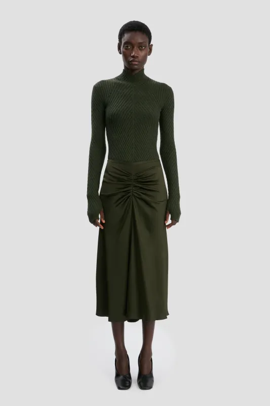 Gathered Waist Midi Skirt In Dark Olive sold by Victoria Beckham
