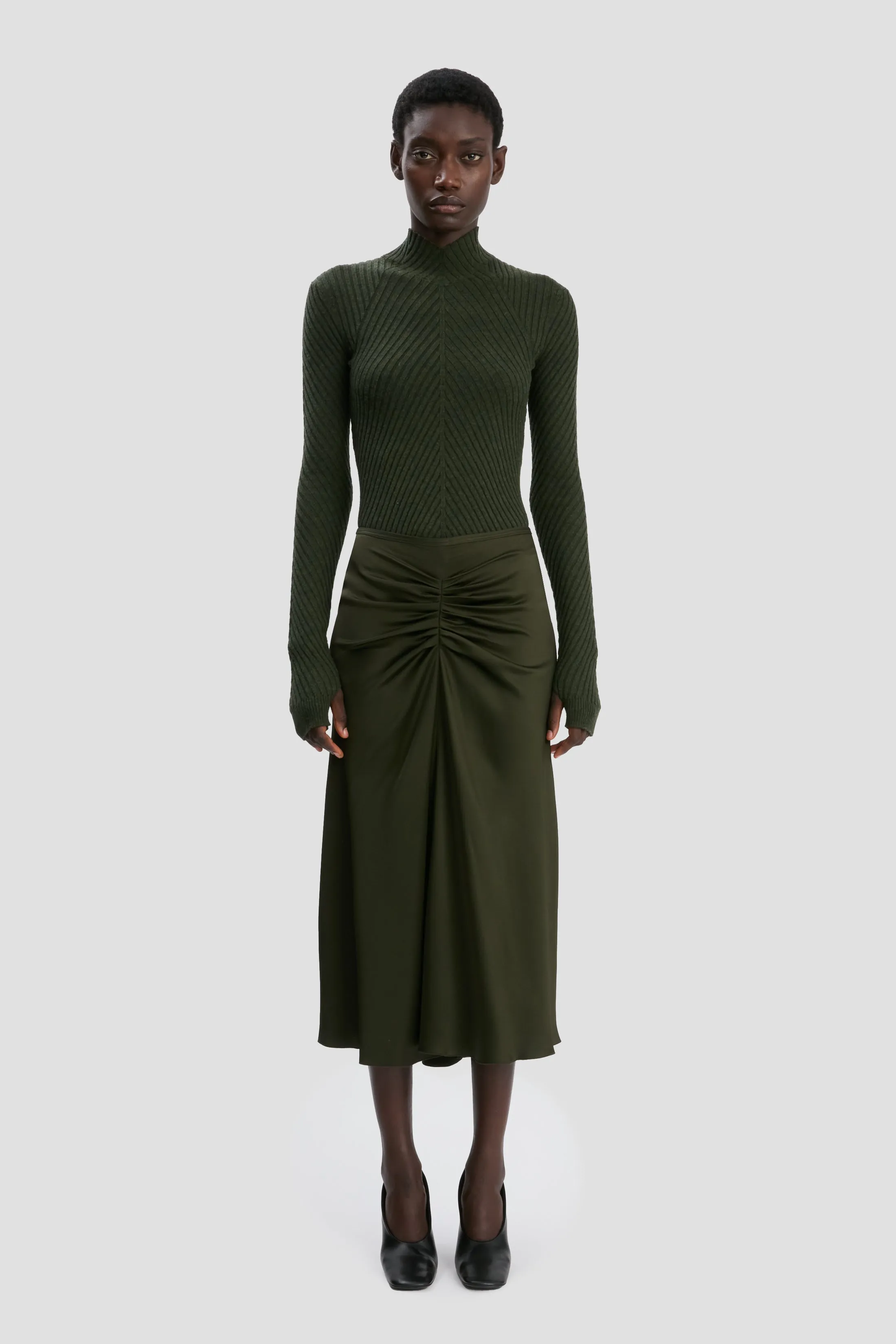 Gathered Waist Midi Skirt In Dark Olive sold by Victoria Beckham