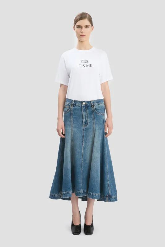 Panelled Kick Detail Skirt In Classic Blue Wash sold by Victoria Beckham