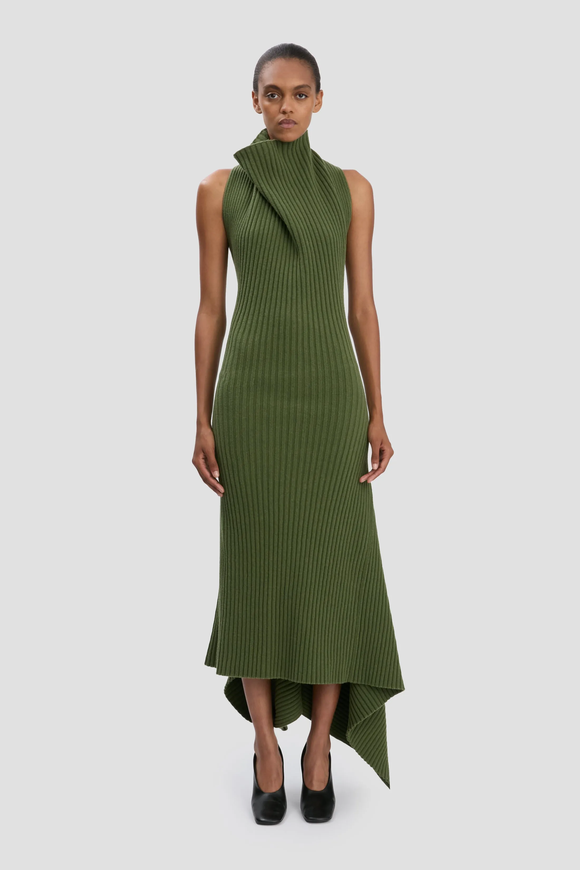 Draped Sleeveless Rib Midi Dress In Oregano sold by Victoria Beckham