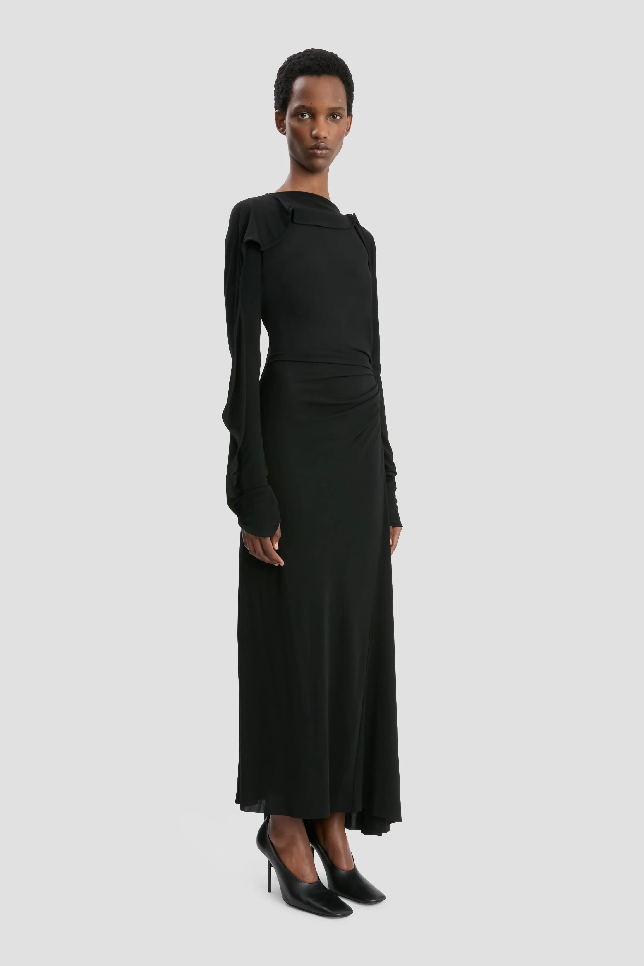 Long Sleeve Draped Jersey Midi Dress In Black sold by Victoria Beckham product image thumbnail 2