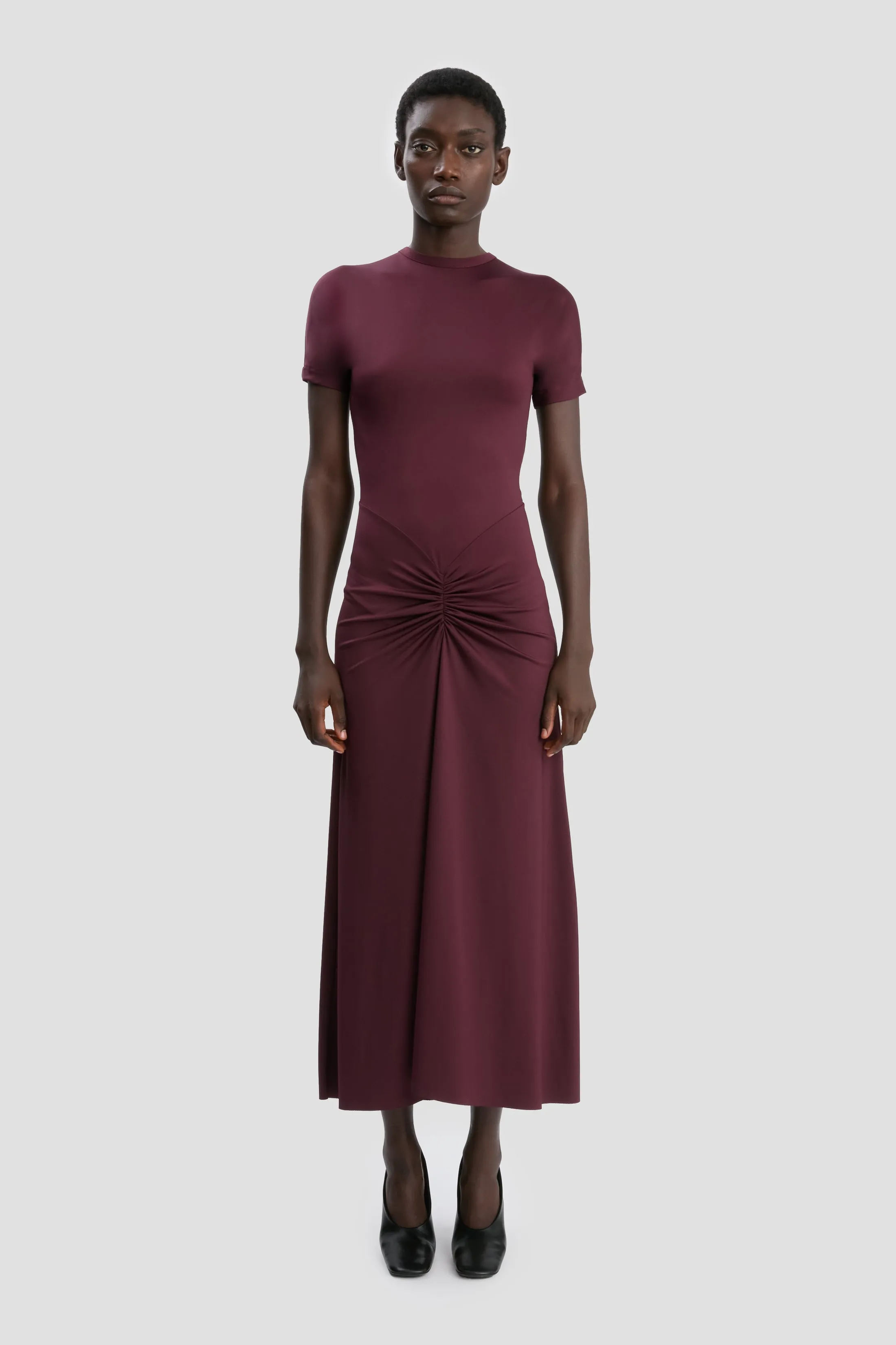 Gathered Waist T-Shirt Midi Dress In Merlot sold by Victoria Beckham