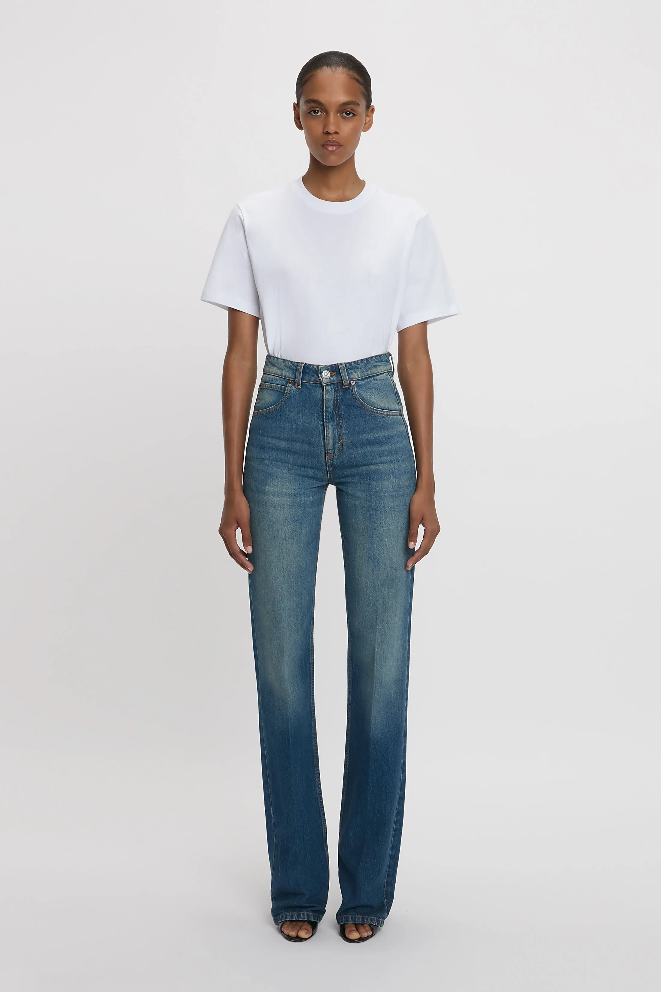 Julia High Waisted Extra Long Stretch Jean In Mid Blue sold by Victoria Beckham
