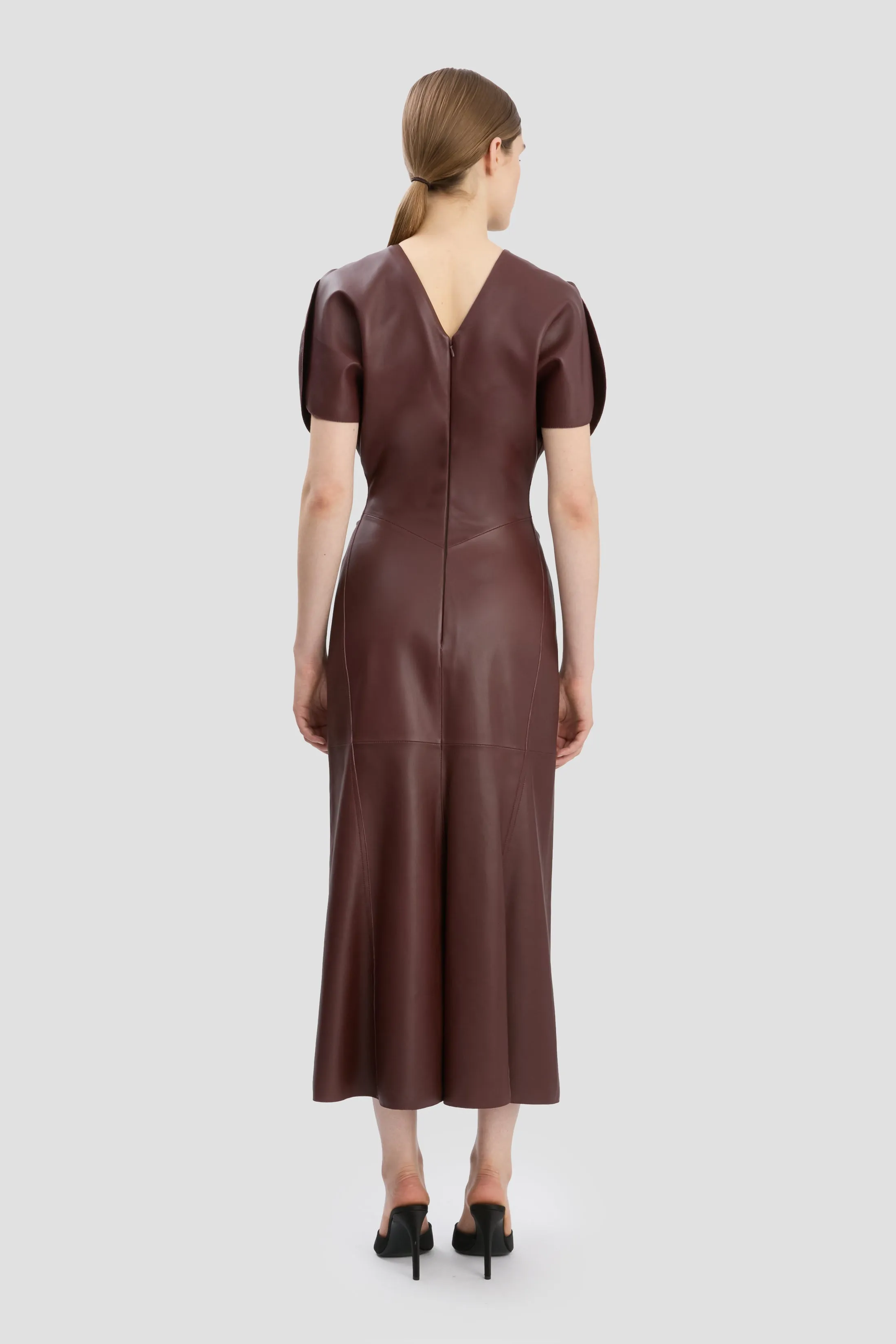 Leather Gathered Waist Midi Dress In Burgundy sold by Victoria Beckham product image thumbnail 4