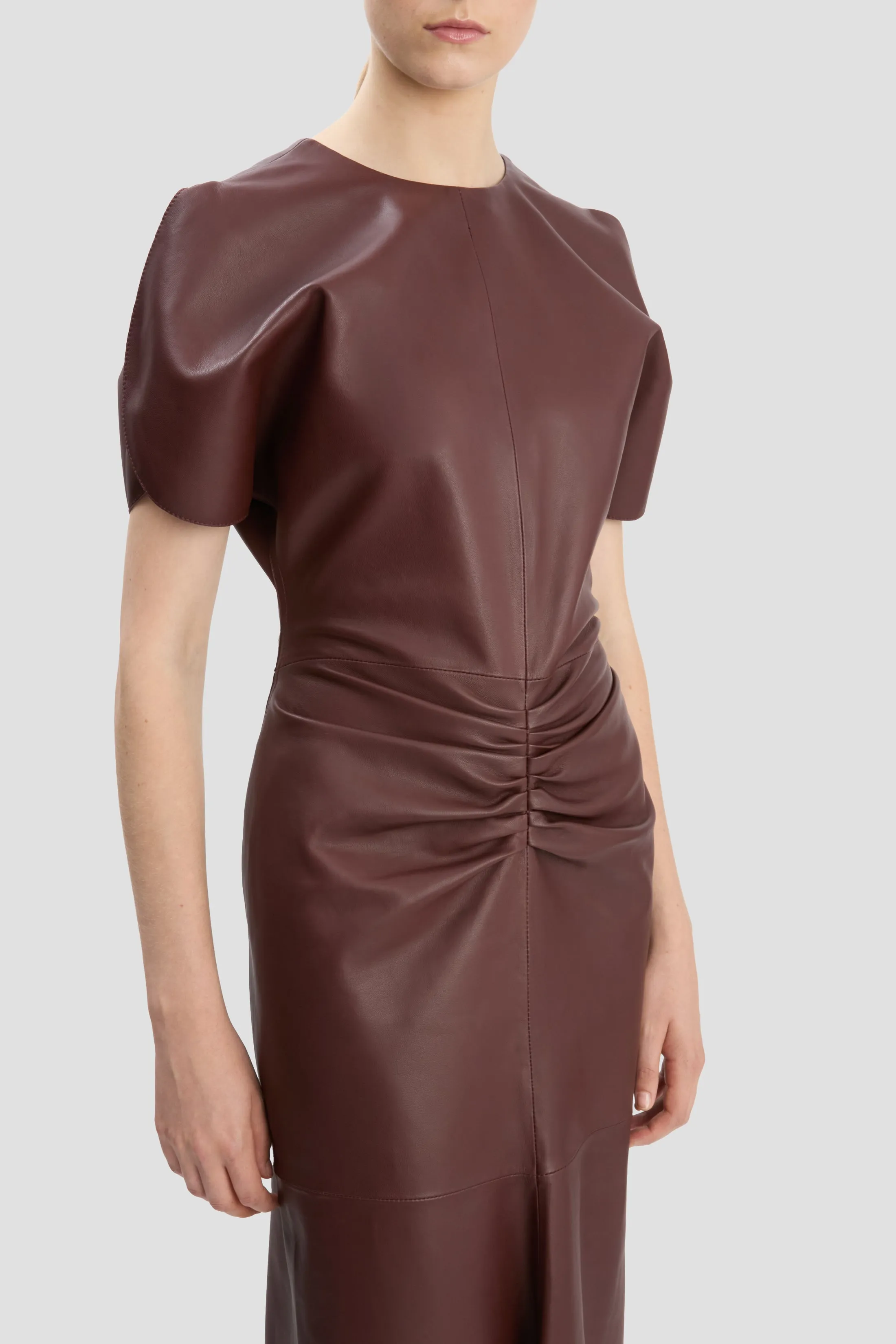 Leather Gathered Waist Midi Dress In Burgundy sold by Victoria Beckham product image thumbnail 3