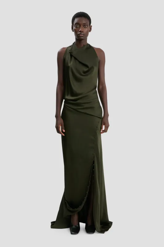 Sleeveless Draped Gown In Dark Olive sold by Victoria Beckham