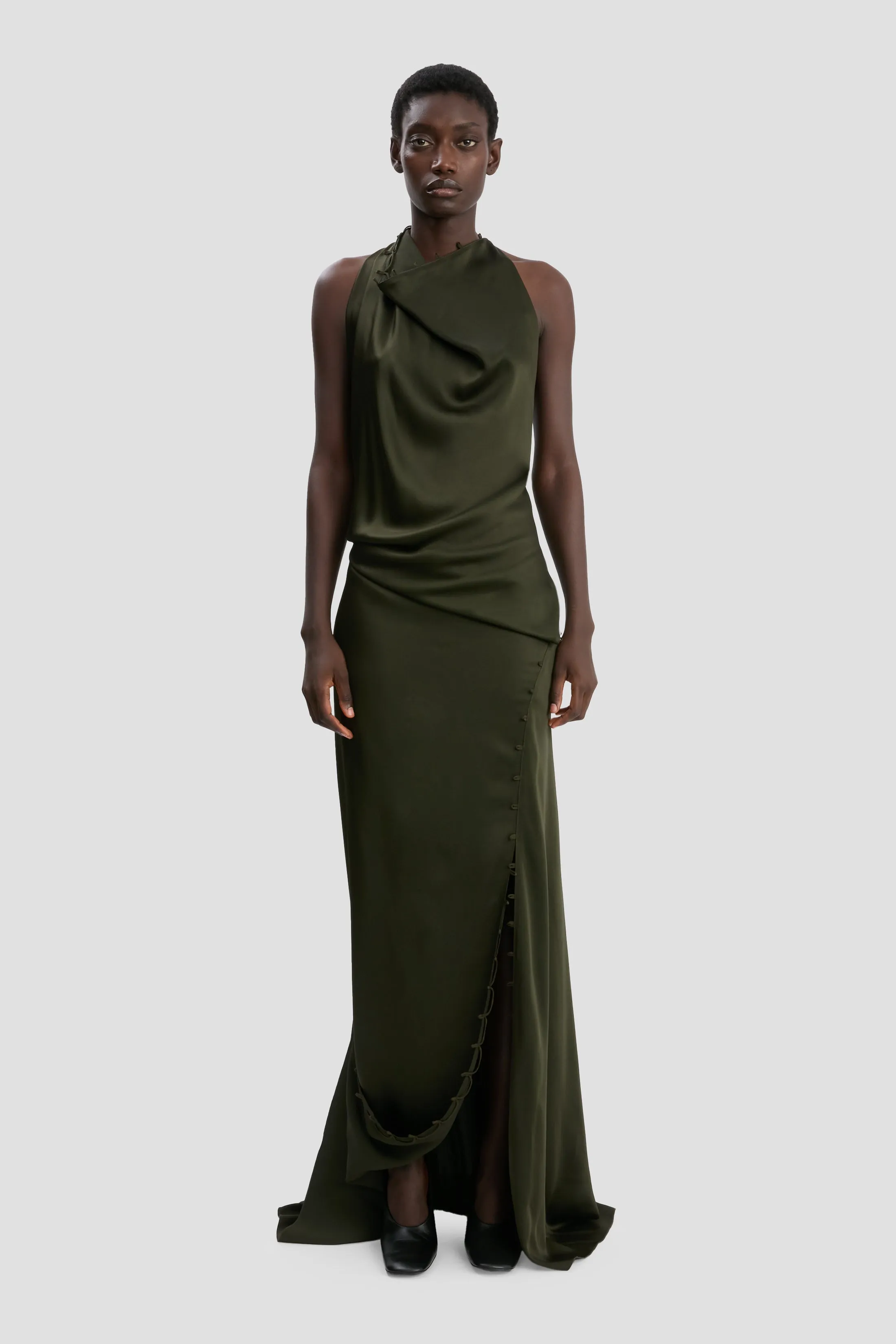 Sleeveless Draped Gown In Dark Olive sold by Victoria Beckham