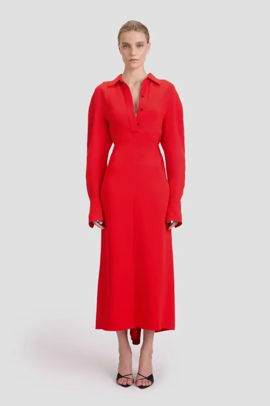 Polo Collar Midi Dress In Tomato Red sold by Victoria Beckham