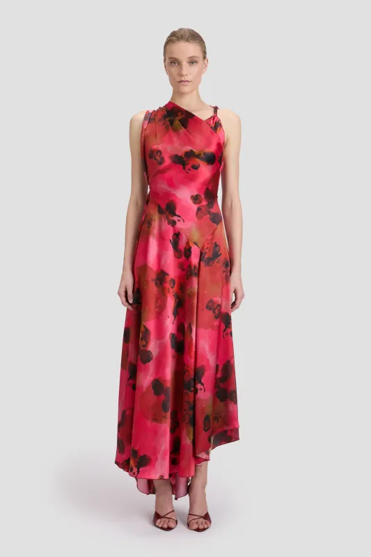 Draped Midi Dress In Raspberry Floral Print sold by Victoria Beckham