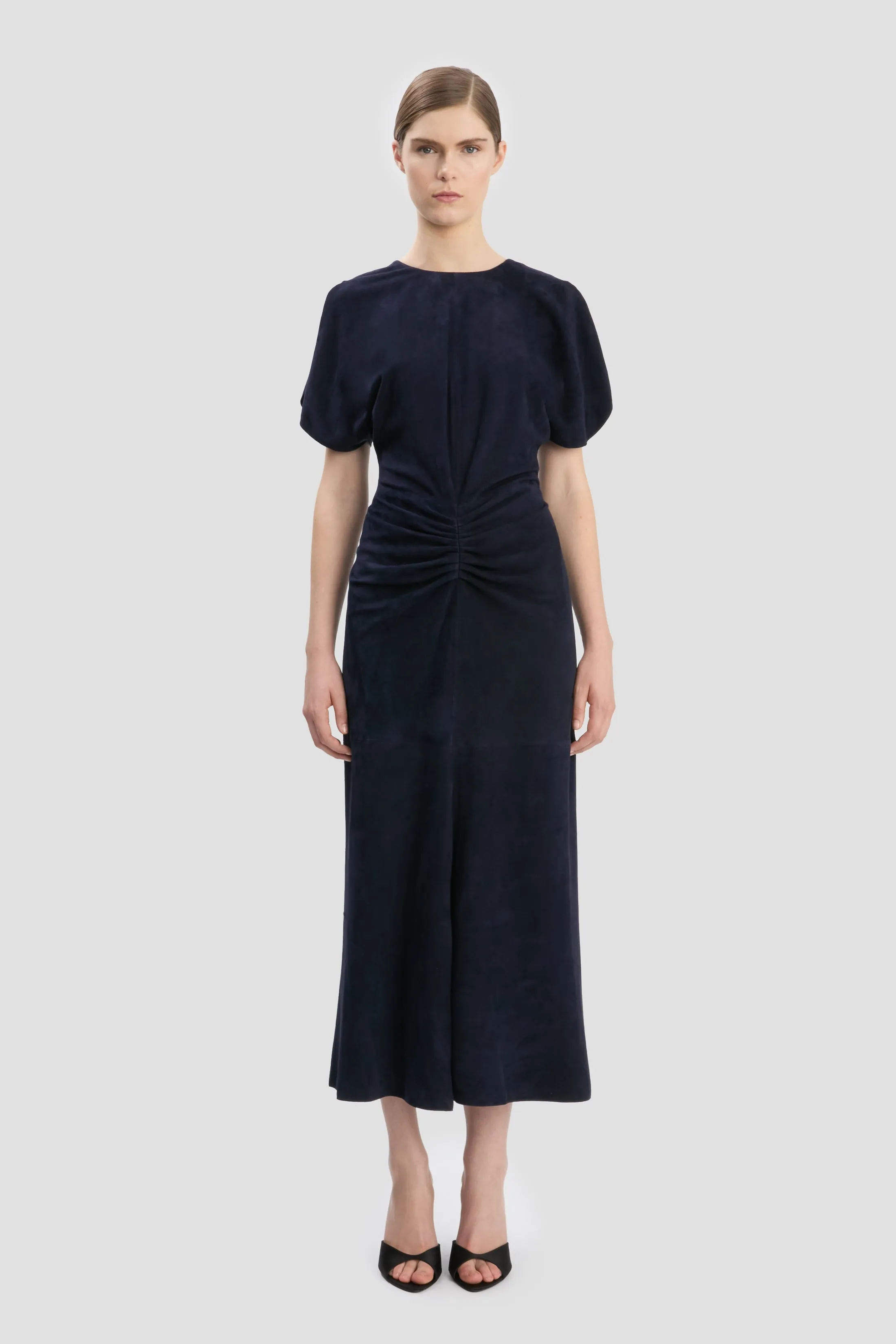 Bela Midi Dress In Navy Suede sold by Victoria Beckham