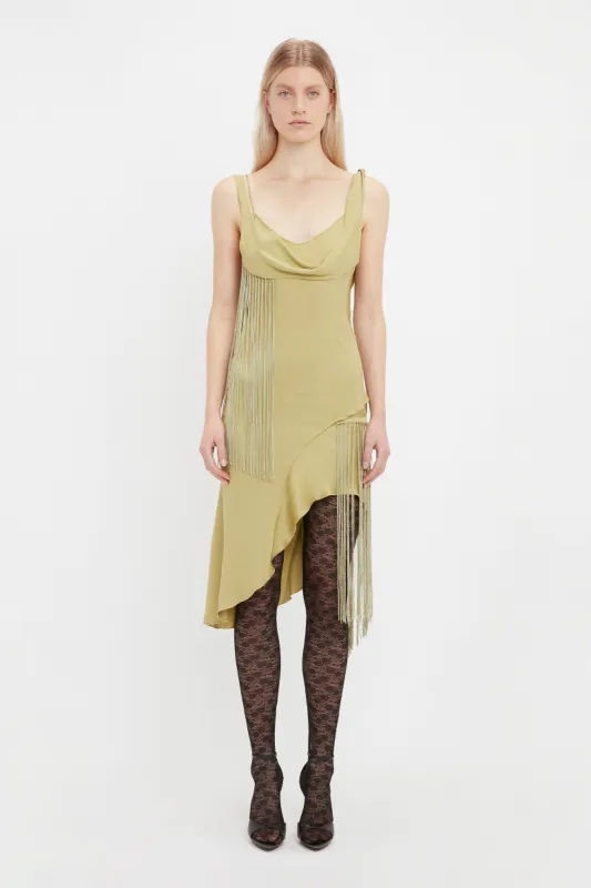 Asymmetric Fringe Mini Dress In Pear Green sold by Victoria Beckham