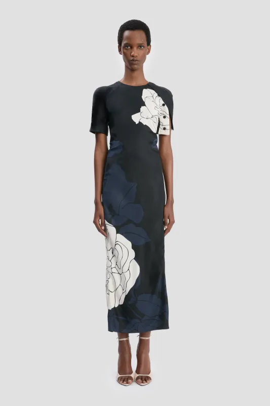 Split Hem Midi Dress In Dark Navy Floral Print sold by Victoria Beckham