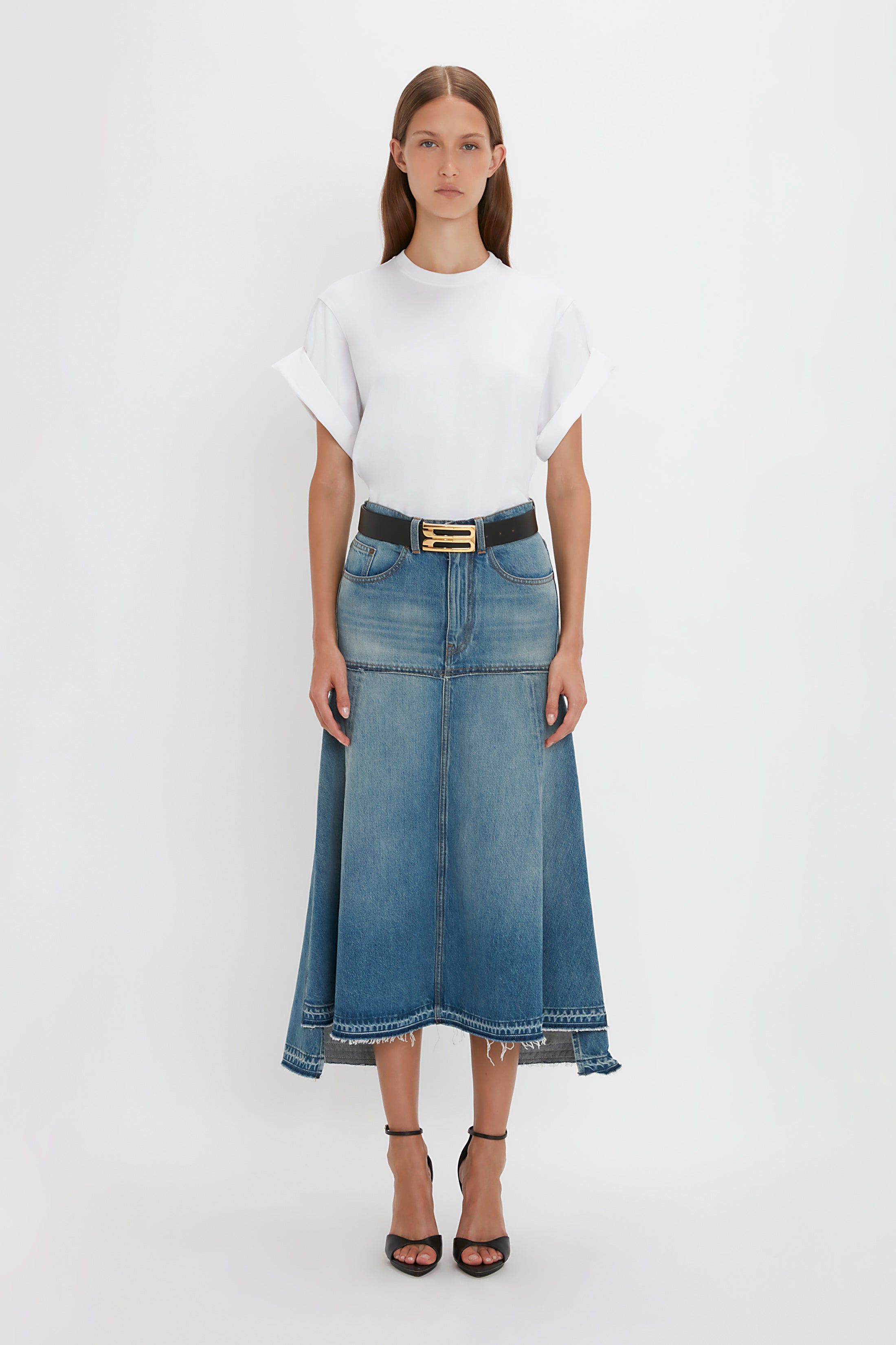 Patched Denim Skirt In Vintage Wash sold by Victoria Beckham