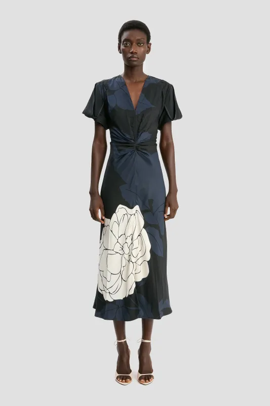 Eve Midi Dress In Dark Navy Floral Print sold by Victoria Beckham