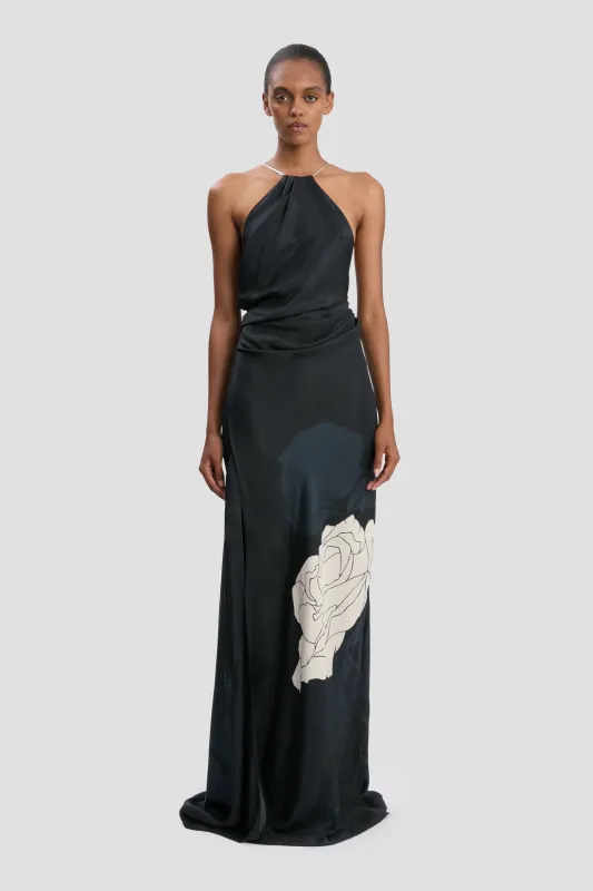 Halter Gown In Dark Navy Floral Print sold by Victoria Beckham