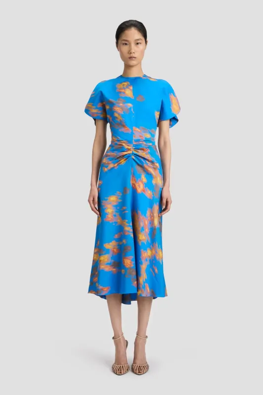 Bela Midi Dress In Blue Abstract Floral Print sold by Victoria Beckham