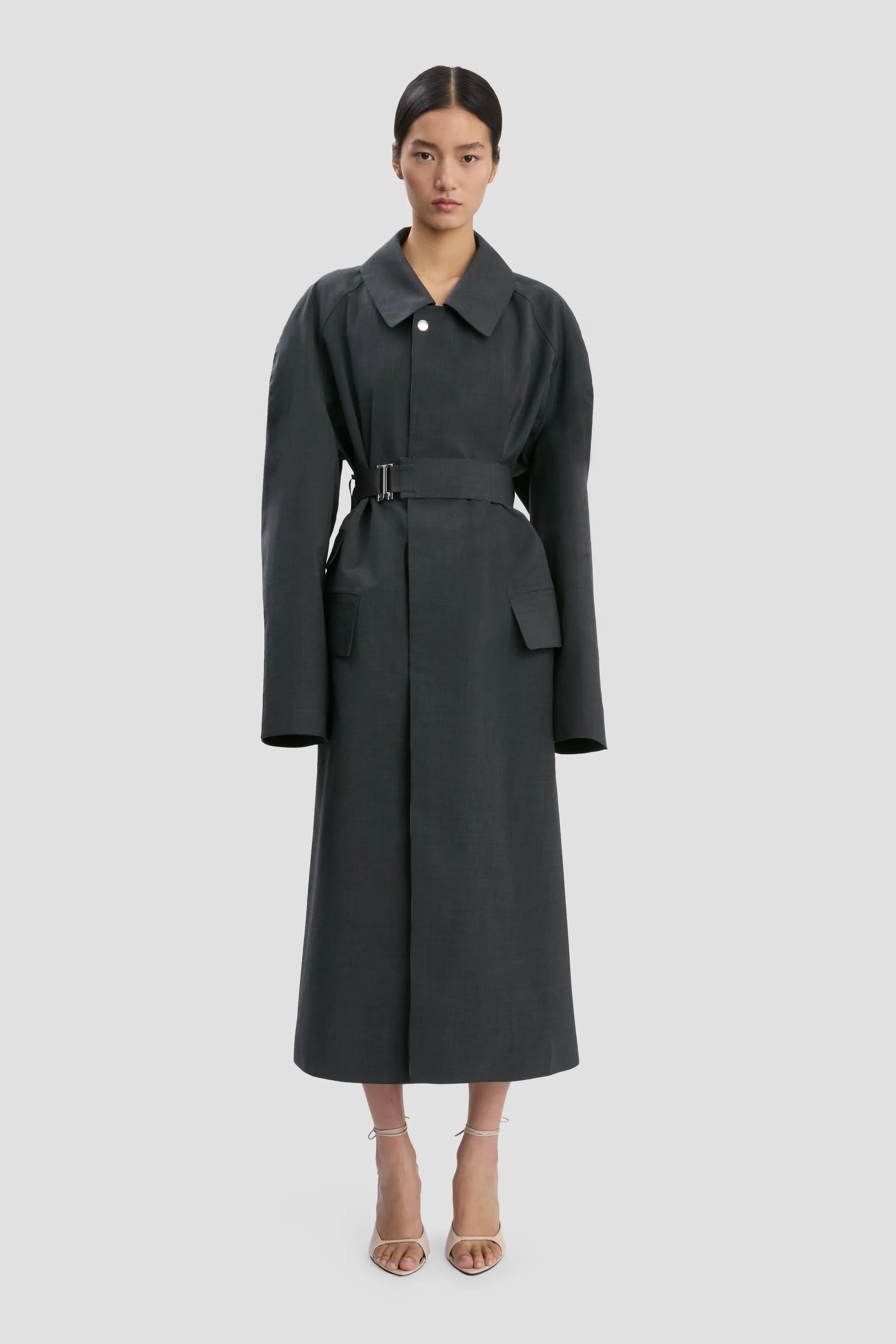 VB X Mackintosh Belted Trench In Charcoal sold by Victoria Beckham