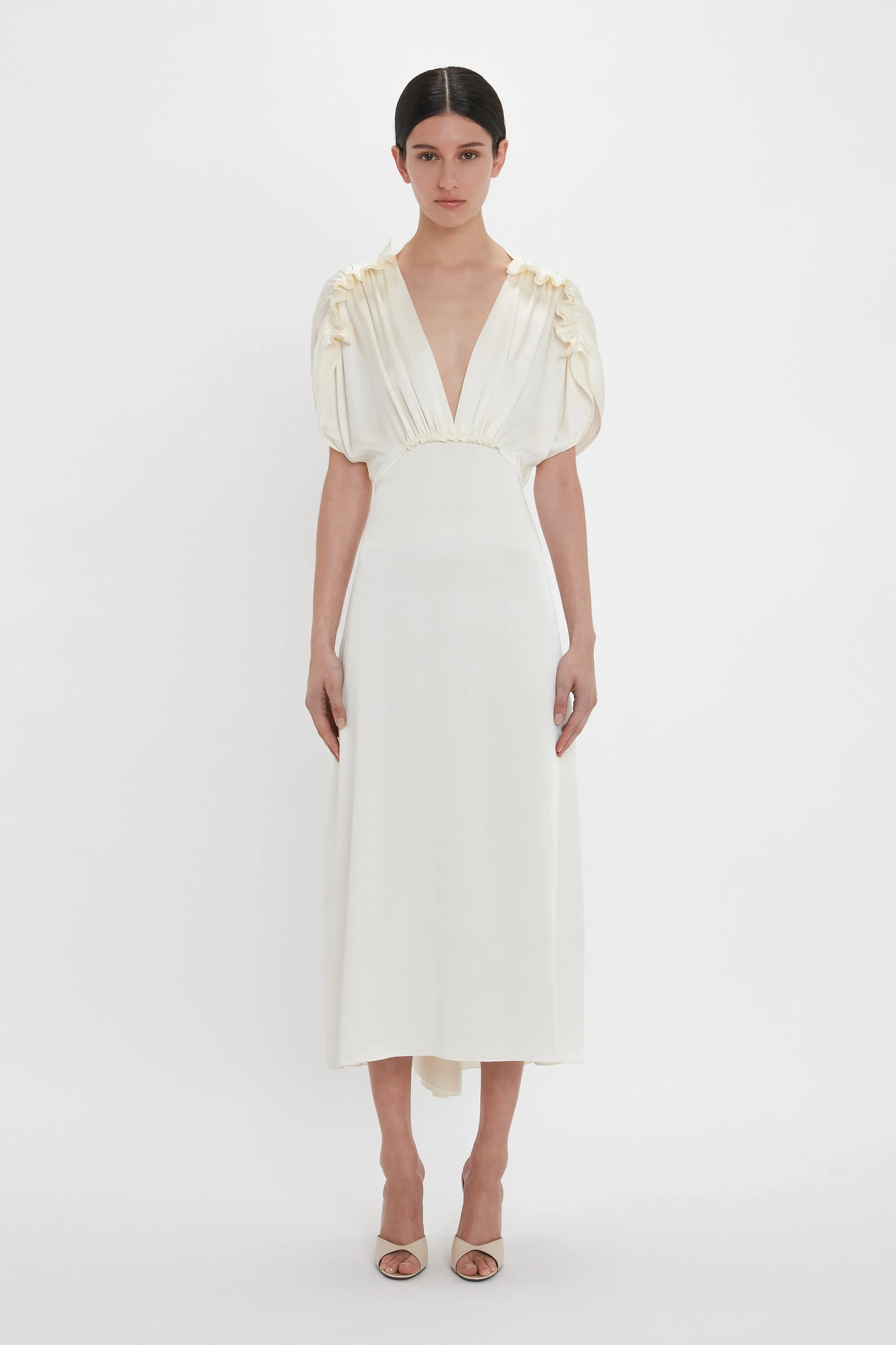 Exclusive V-Neck Ruffle Midi Dress In Ivory sold by Victoria Beckham
