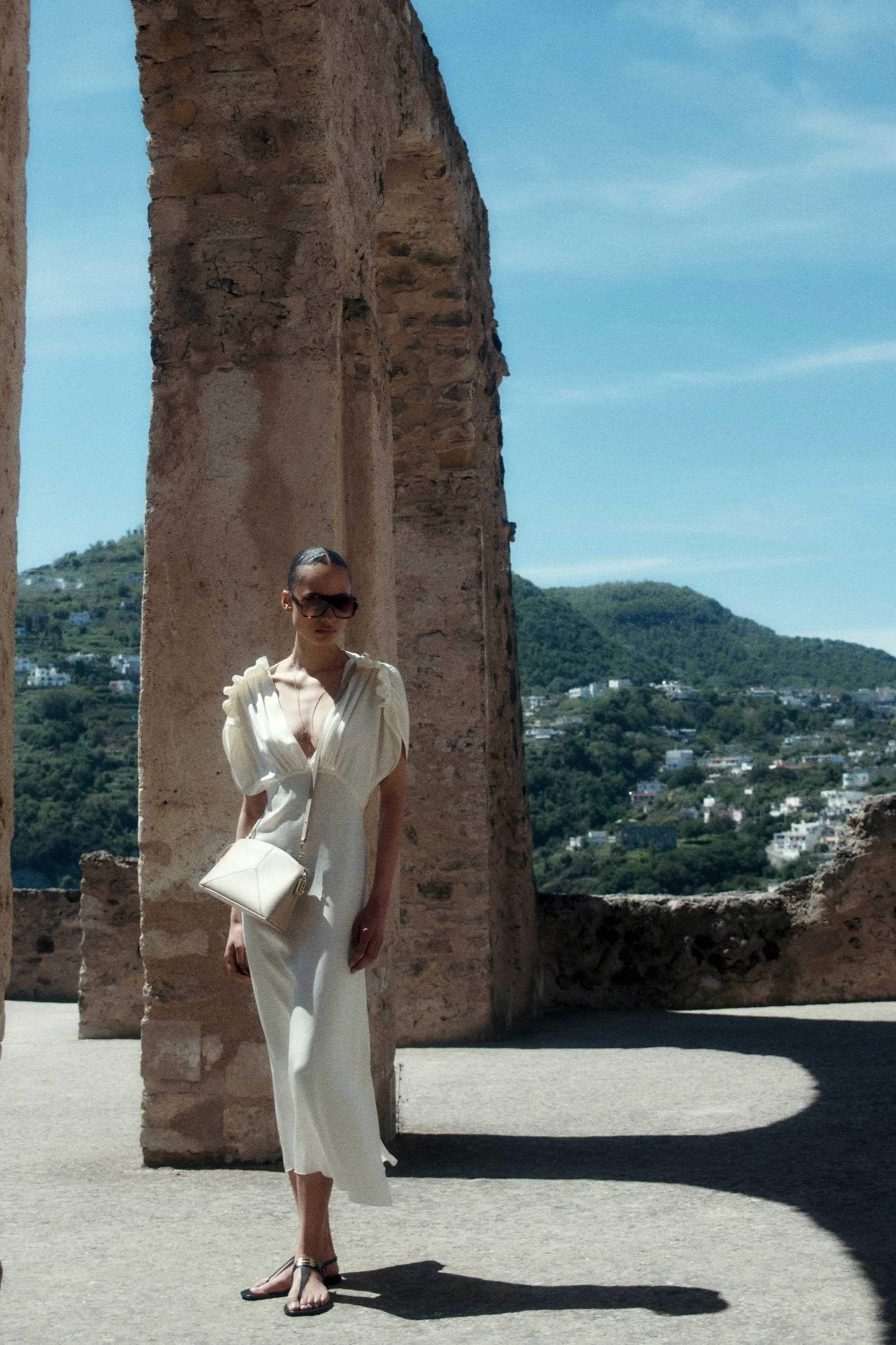 Exclusive V-Neck Ruffle Midi Dress In Ivory sold by Victoria Beckham product image thumbnail 4