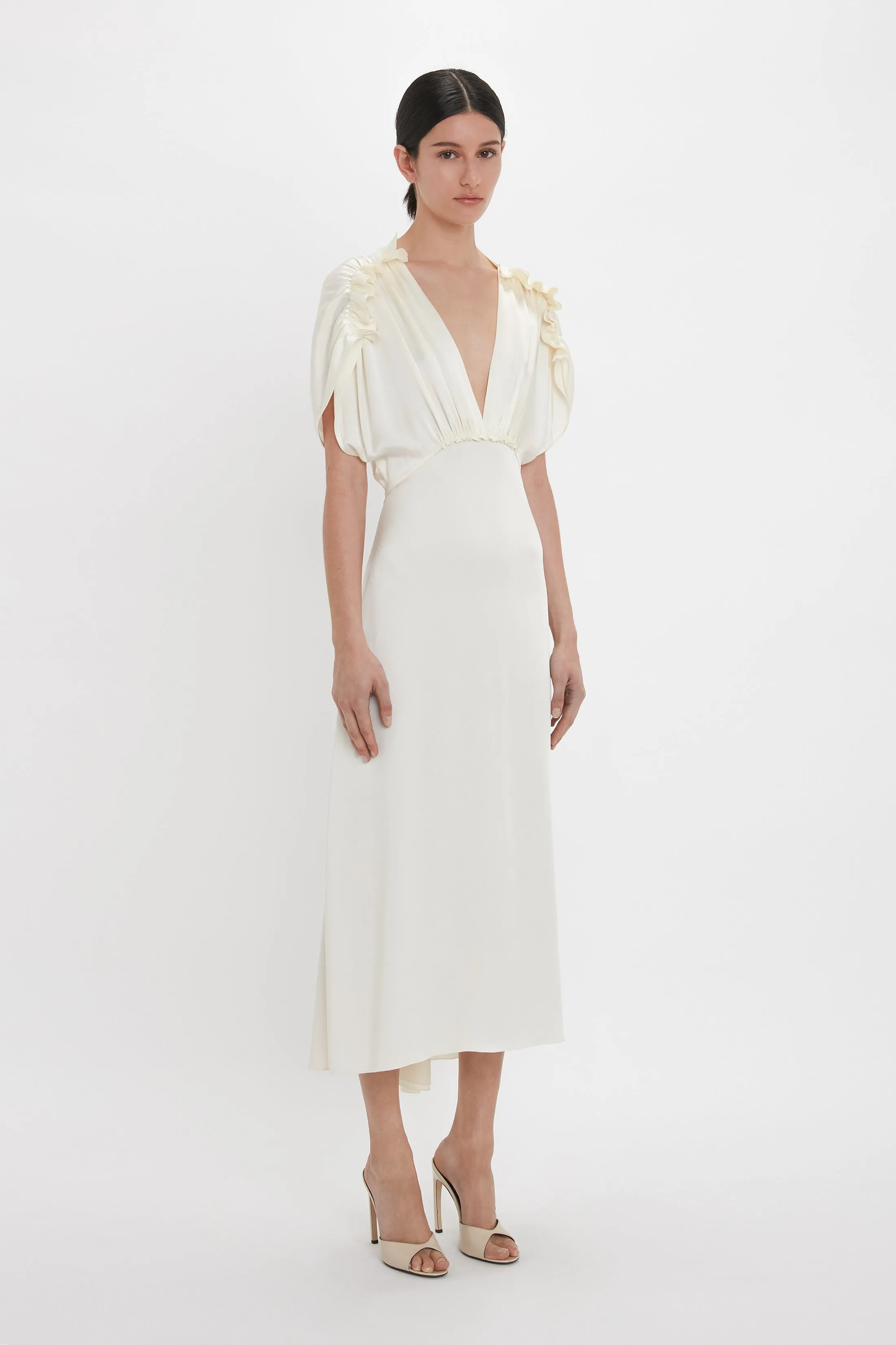 Exclusive V-Neck Ruffle Midi Dress In Ivory sold by Victoria Beckham product image thumbnail 2