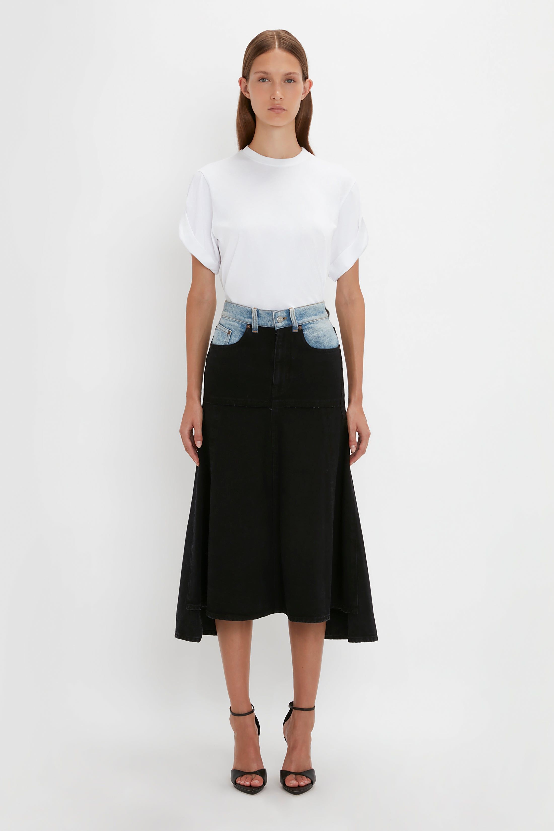 Patched Denim Skirt In Contrast Wash sold by Victoria Beckham