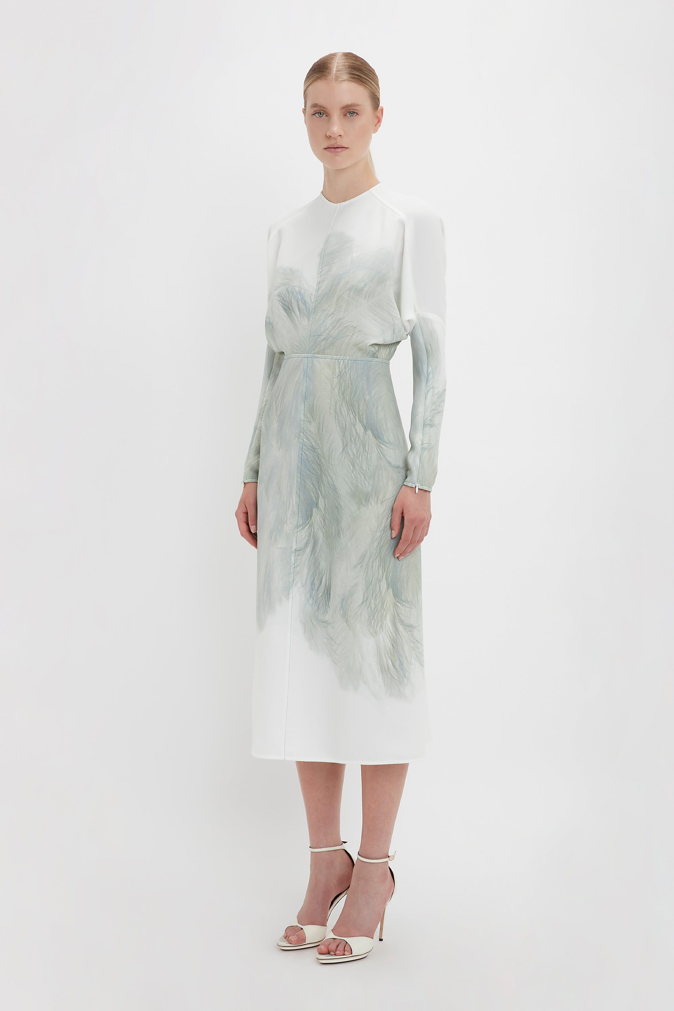 Dolman Midi Dress In White Digital Feather Print sold by Victoria Beckham product image thumbnail 2