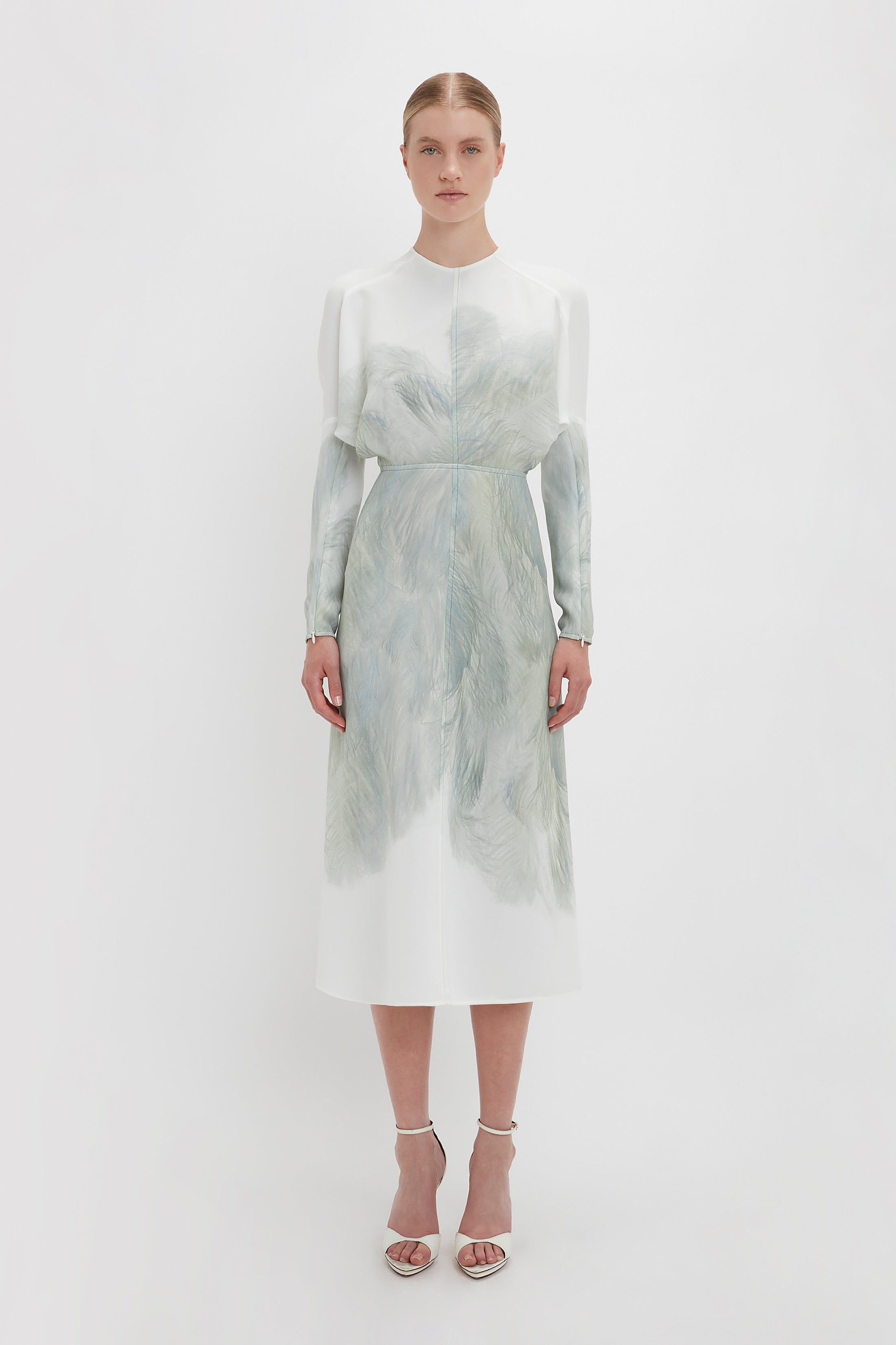 Dolman Midi Dress In White Digital Feather Print sold by Victoria Beckham