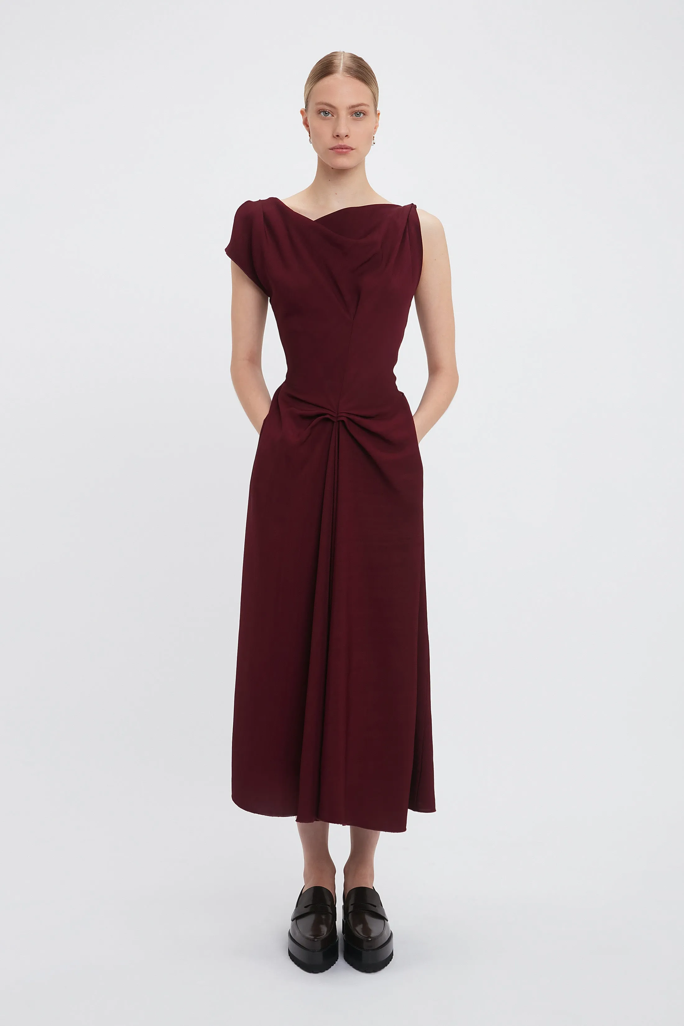 Deconstructed Gathered Waist Midi Dress In Port sold by Victoria Beckham