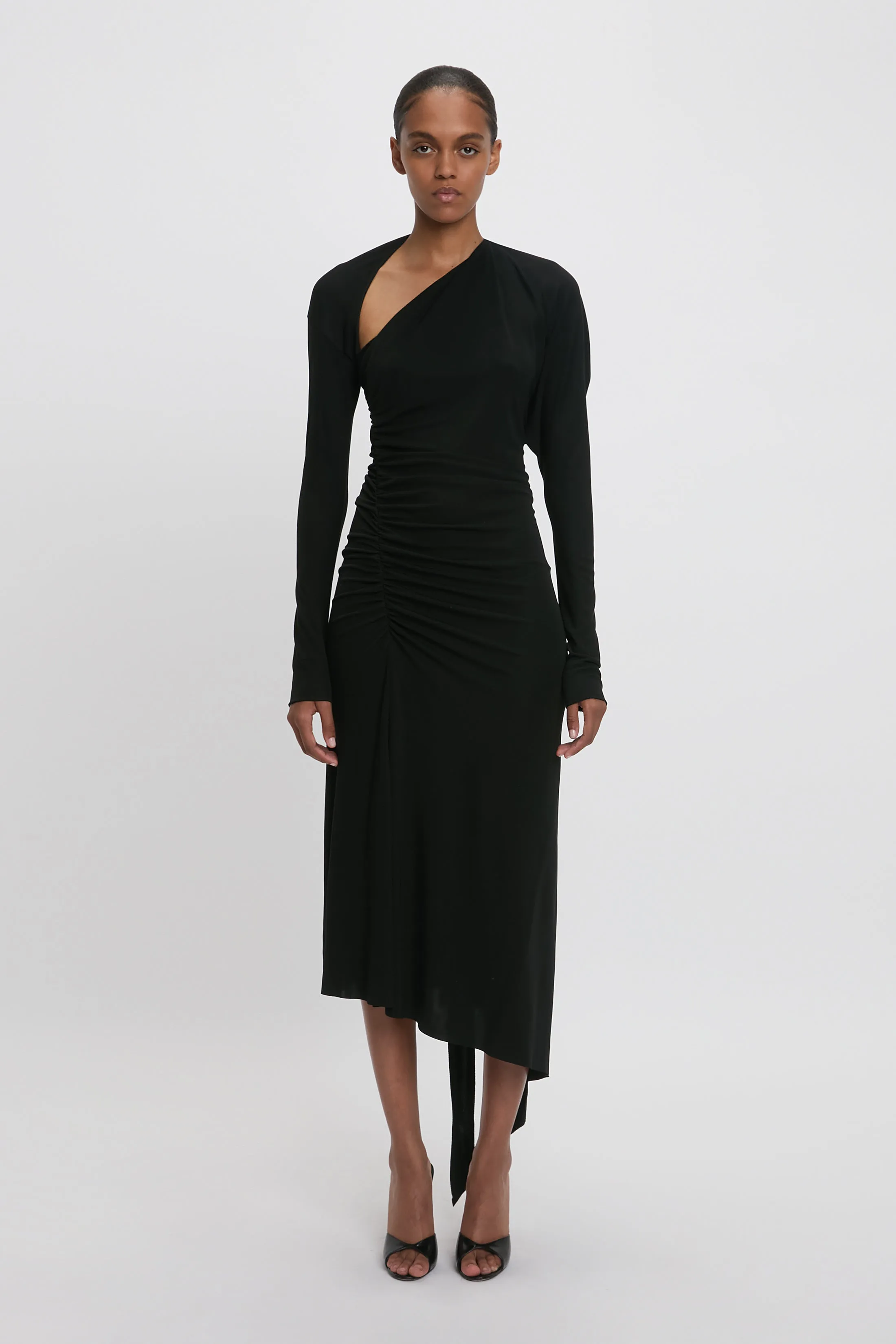 Slash-Neck Ruched Midi Dress In Black sold by Victoria Beckham