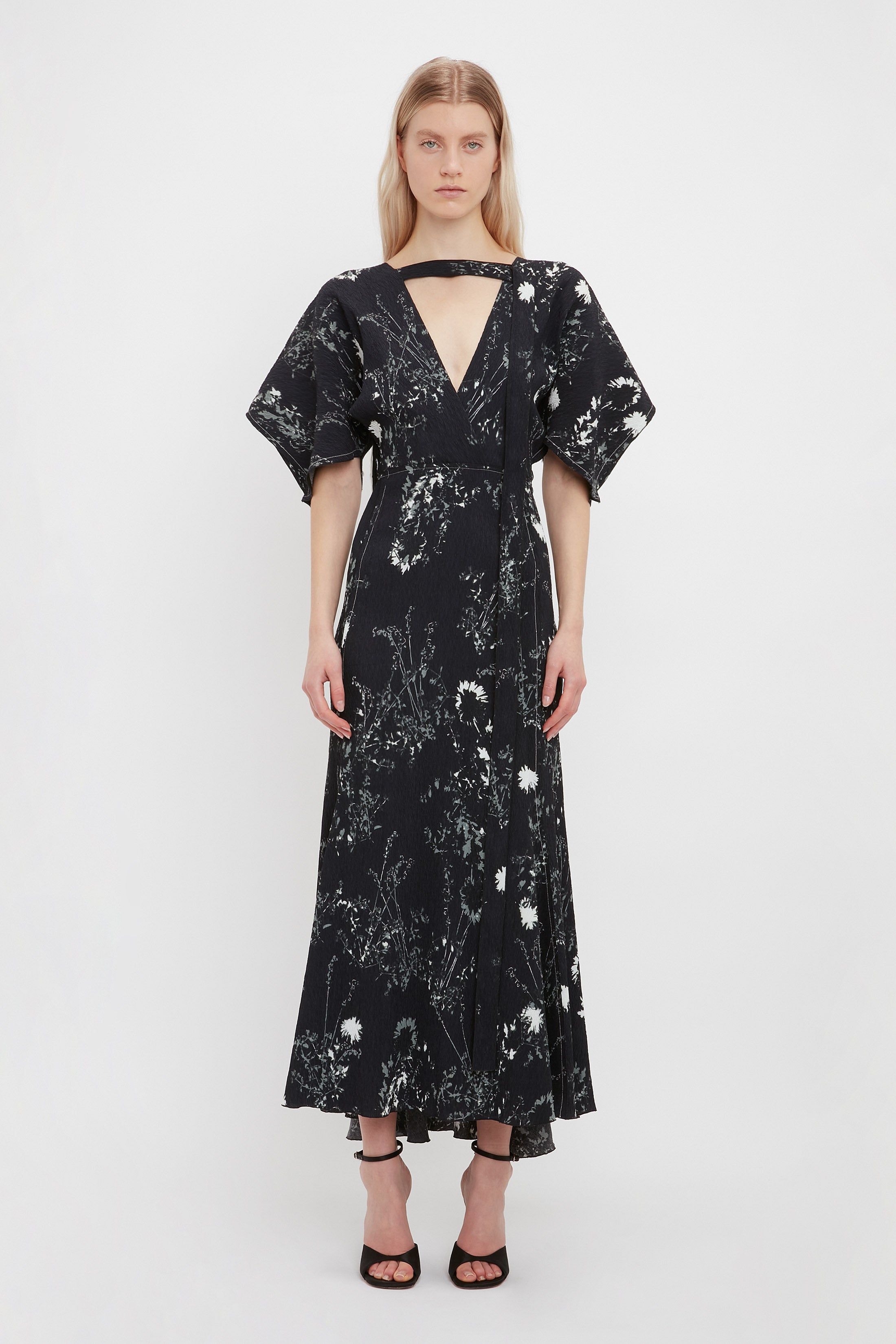 Kimono Sleeve Printed Dress In Black sold by Victoria Beckham