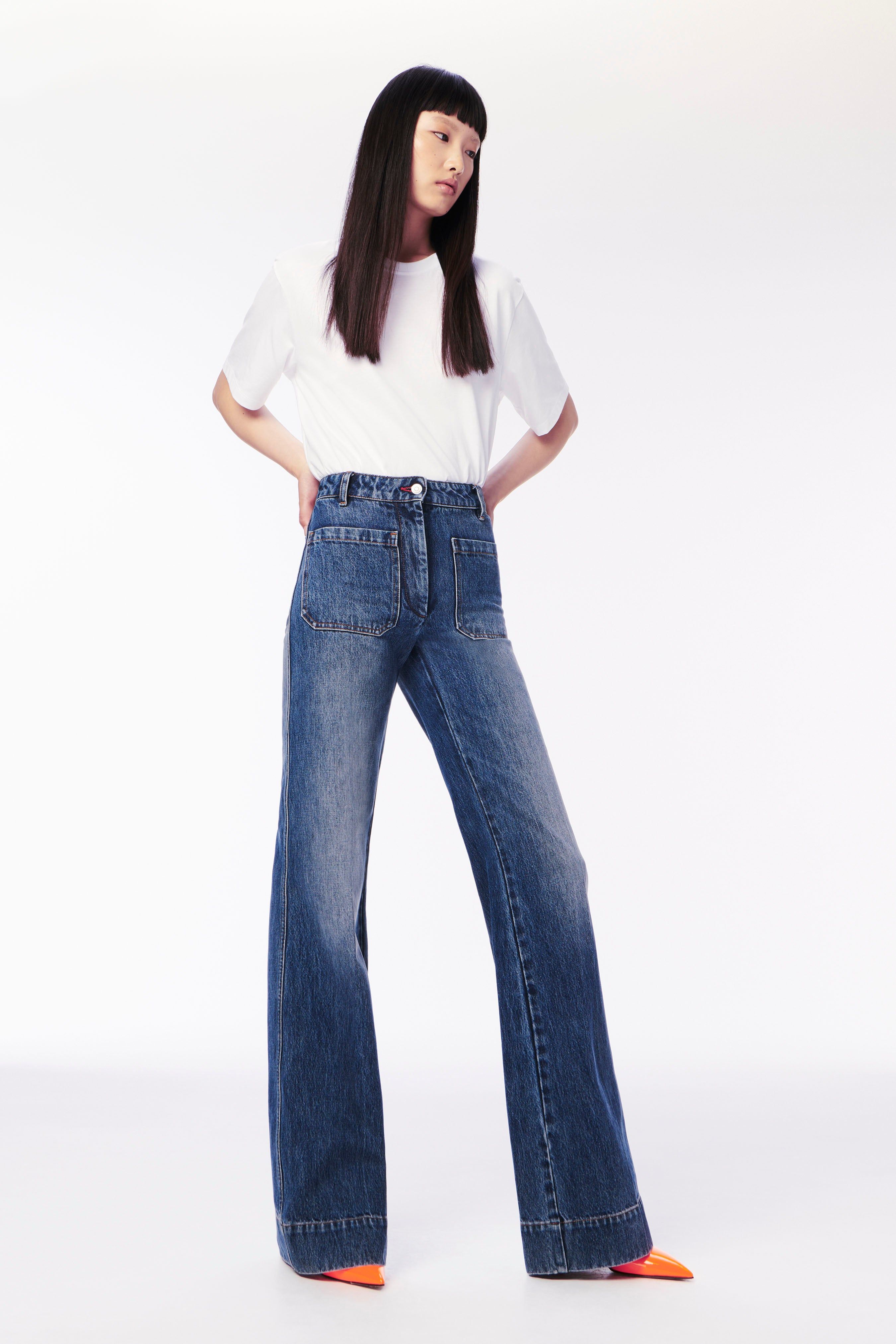 Alina High Waisted Patch Pocket Jean In Faded Blue Wash sold by Victoria Beckham