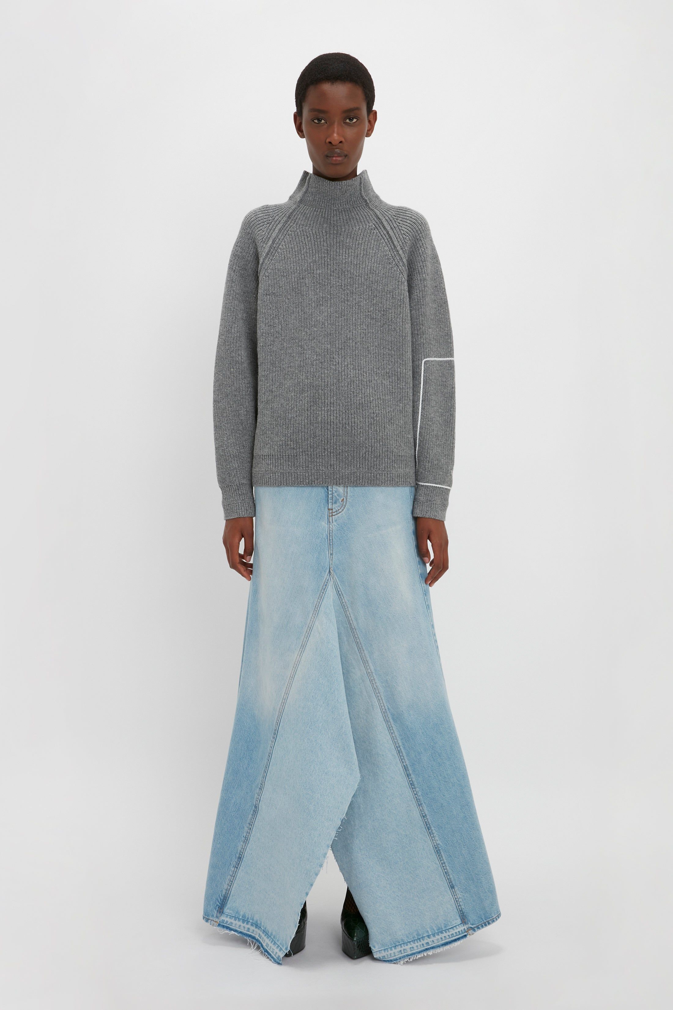 Maxi Godet Denim Skirt In Light Blue Wash sold by Victoria Beckham