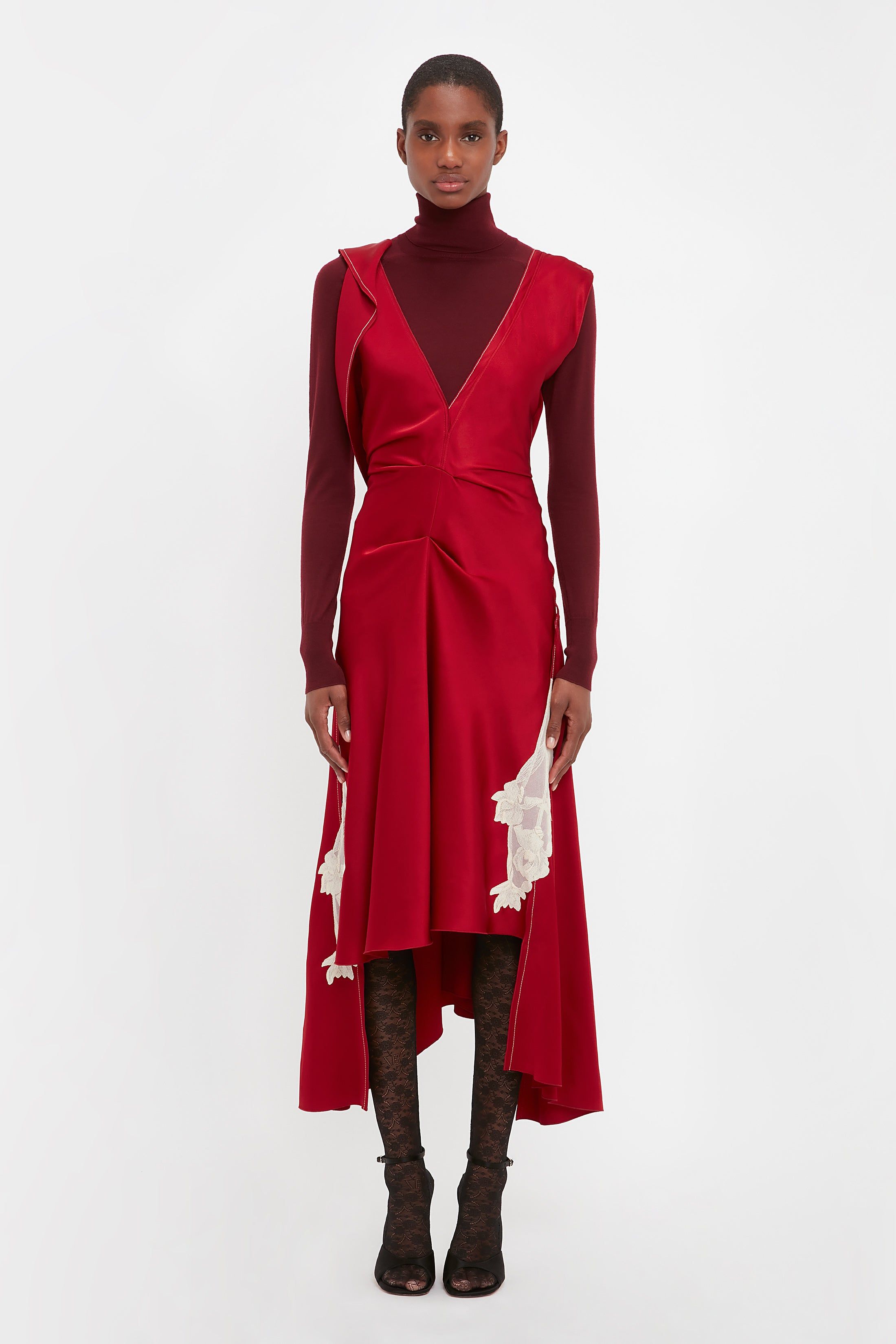 Draped Lace Midi Dress In Poppy Red sold by Victoria Beckham product image thumbnail 4