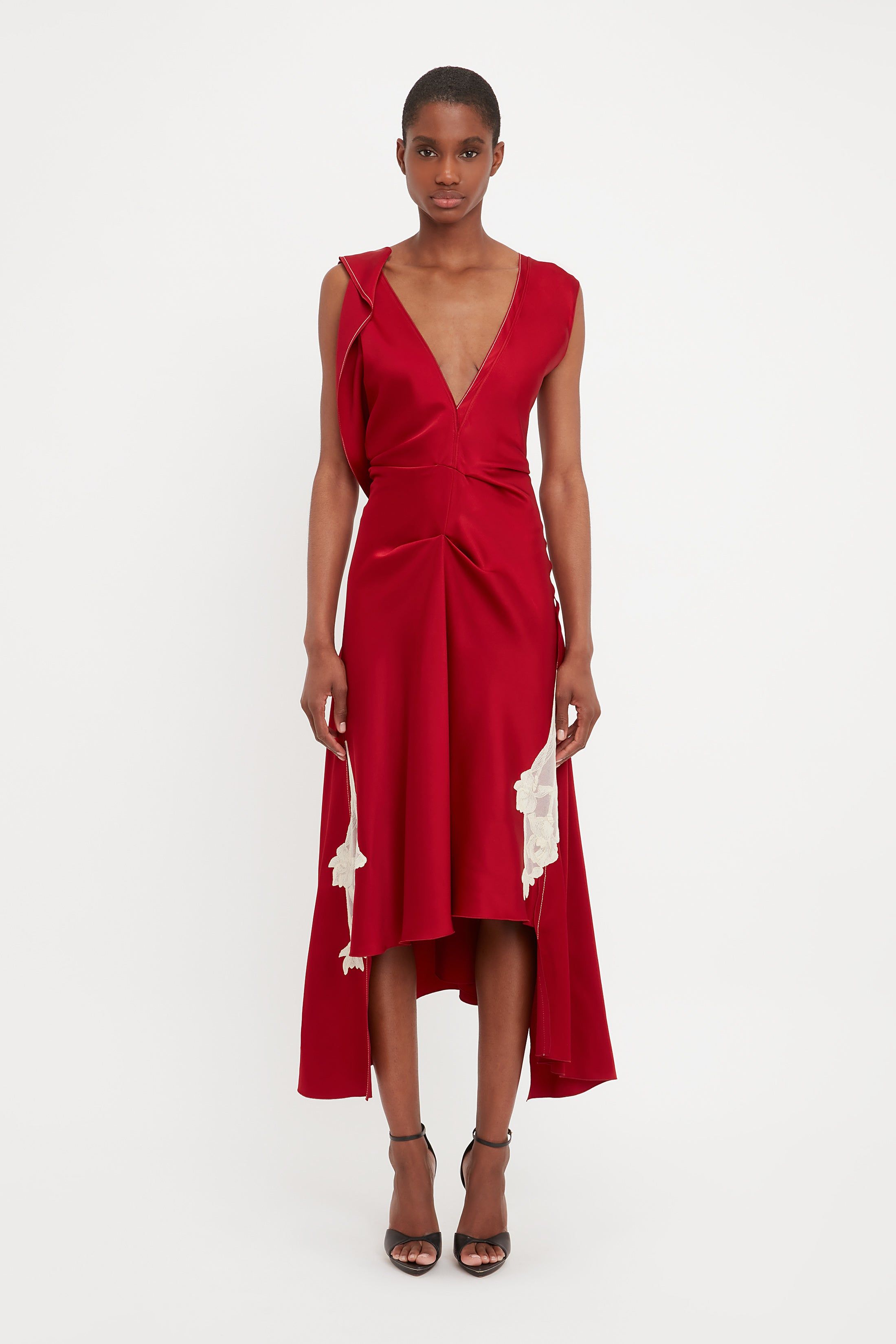 Draped Lace Midi Dress In Poppy Red sold by Victoria Beckham