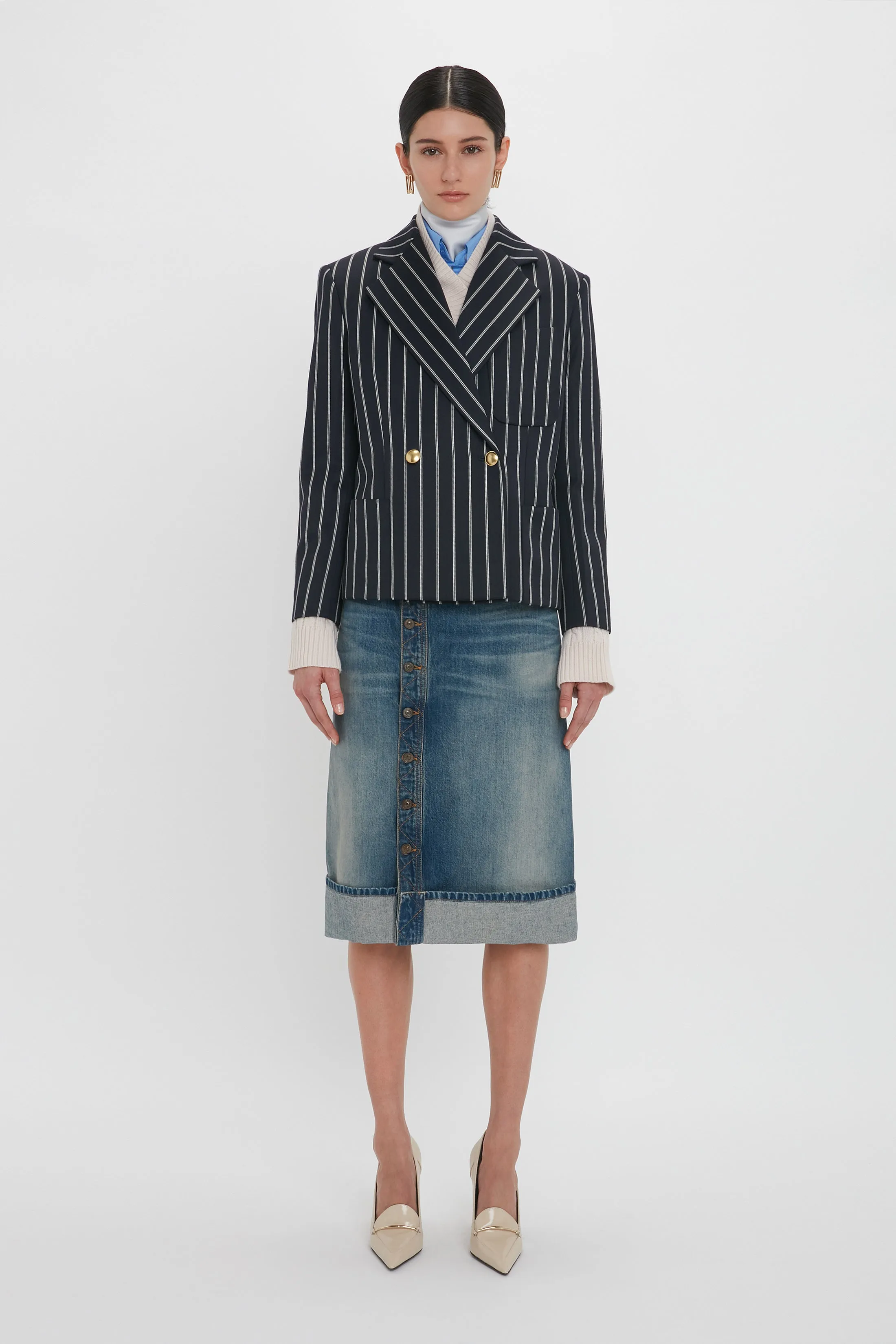 Cropped Double Breasted Jacket In Midnight-White sold by Victoria Beckham