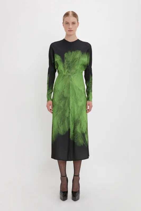 Dolman Midi Dress In Green Digital Feather Print sold by Victoria Beckham