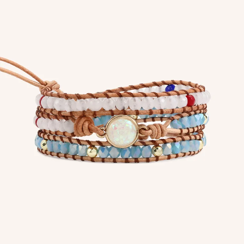 Blue and White Crystals on Natural Leather Three Wrap Bracelet sold by Victoria Emerson